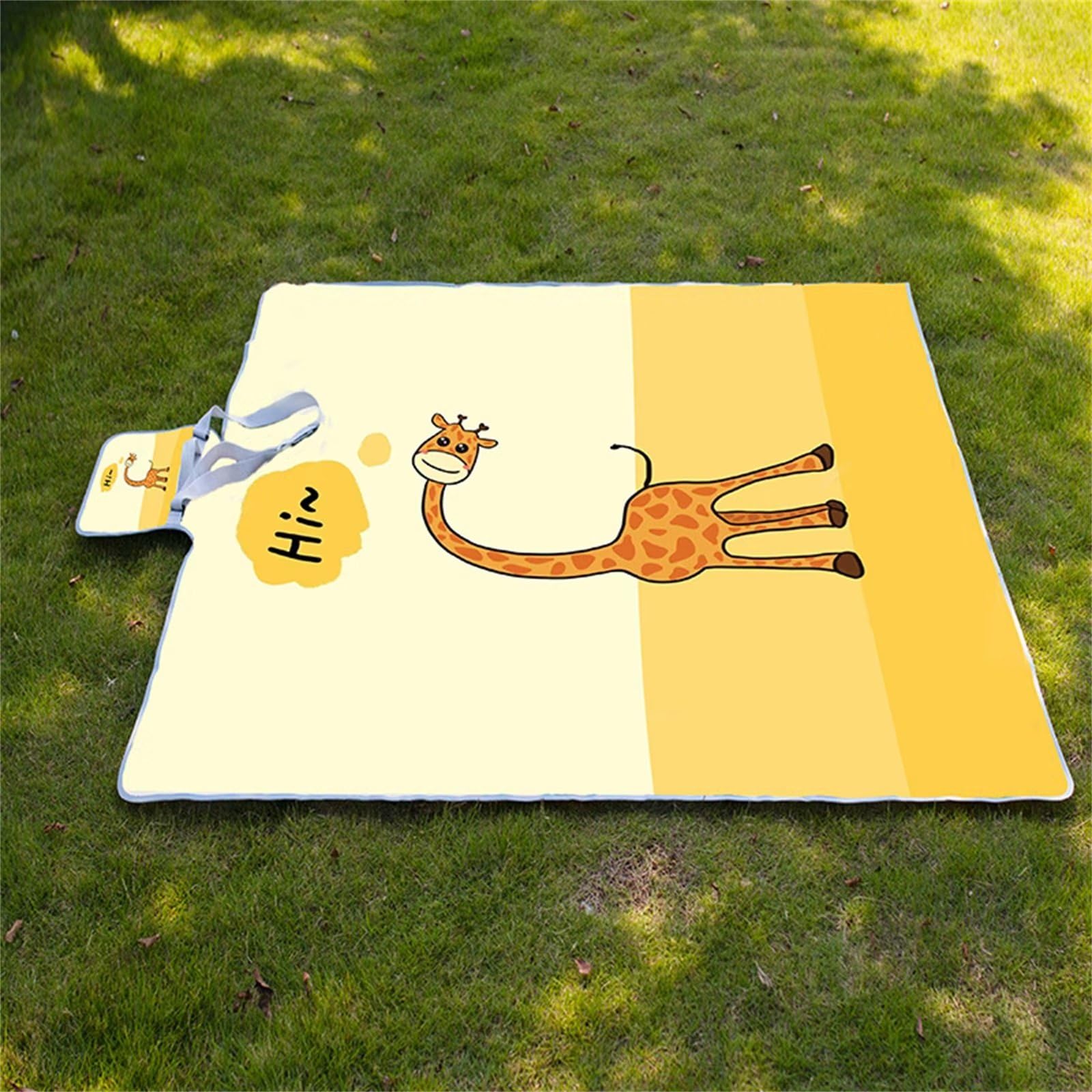 Manta Picnic Impermeable 180x200cm,Lavable Picnic Blanket,Ultrasónica Mantel Picnic,con Mango Multifunción para Acampar Playa Parque de Senderismo,Jirafa Amarilla