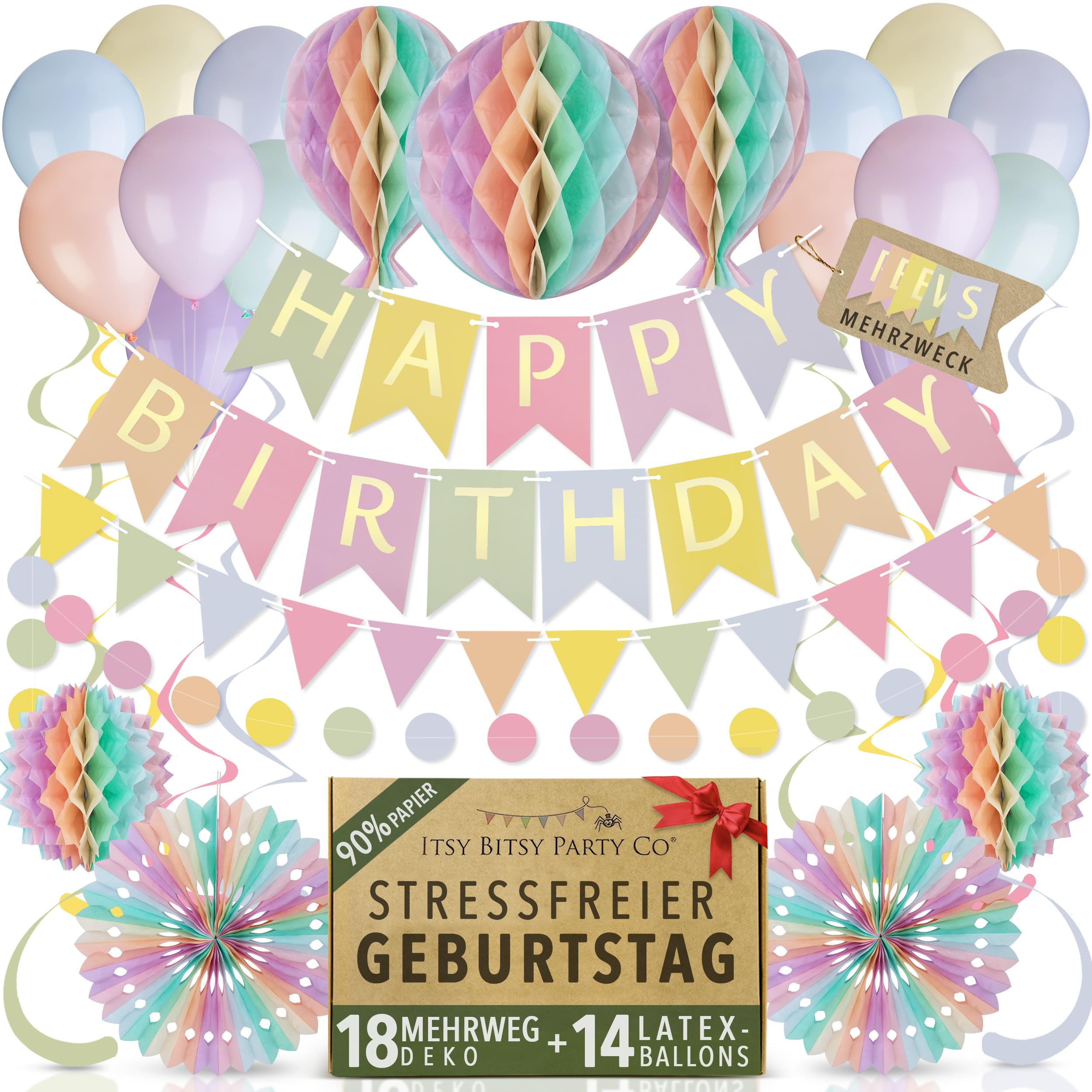 Premium Wiederverwendbare Geburtstagsdeko - Pastell Party Deko, Kindergeburtstag Deko, Geburtstag & Party Zubehör - Happy Birthday Girlande, Wimpelkette Geburtstag, Pompons Deko, Pastell Luftballons