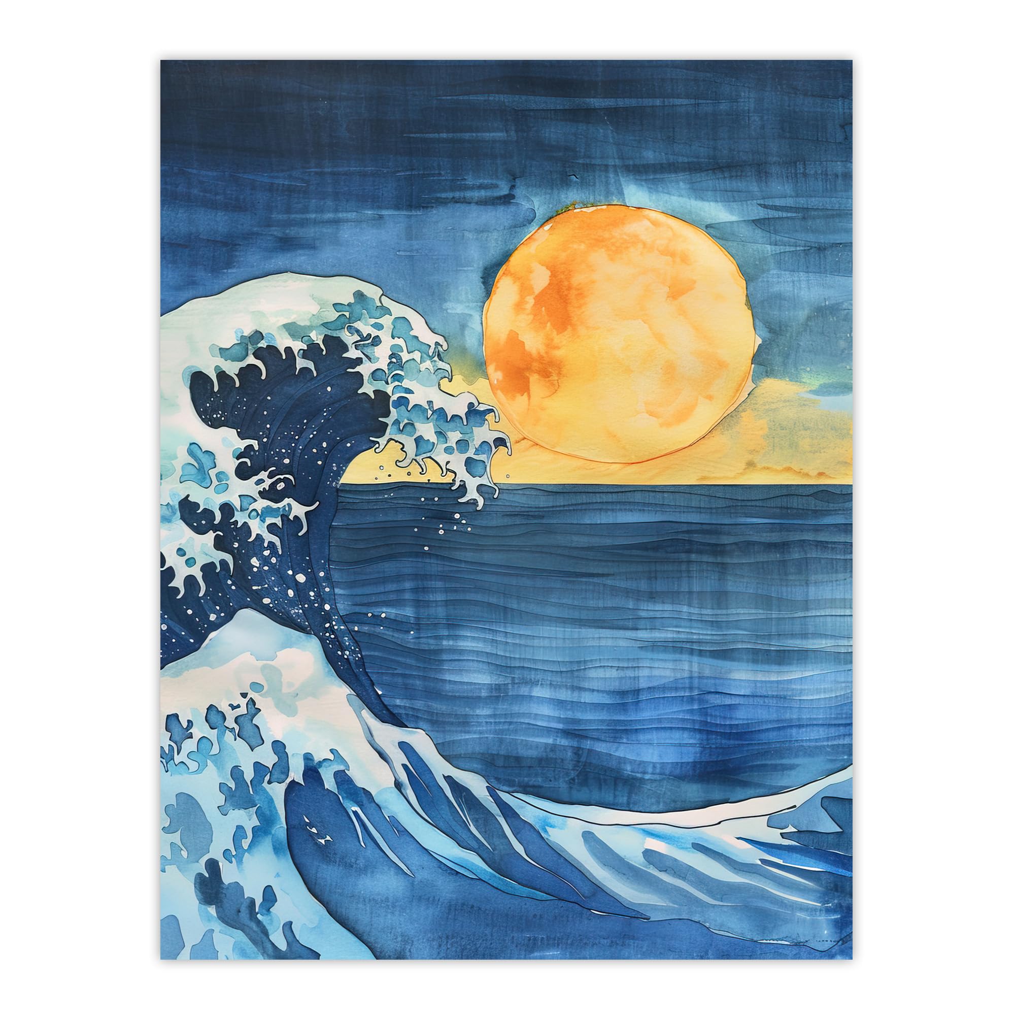 Artery8 Watercolour Wall Art Print - Great Wave Sunrise Seascape - Blue - W18" x H24"
