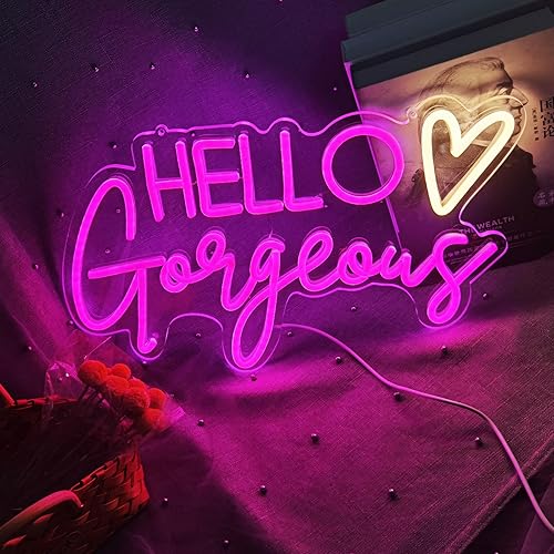 Miniatura 6 de Letrero de neón con texto en inglés Hello Gorgeous  Luces de neón USB rosadas para el hogar, boda, cumpleaños, telón de fondo, decoración de fiesta