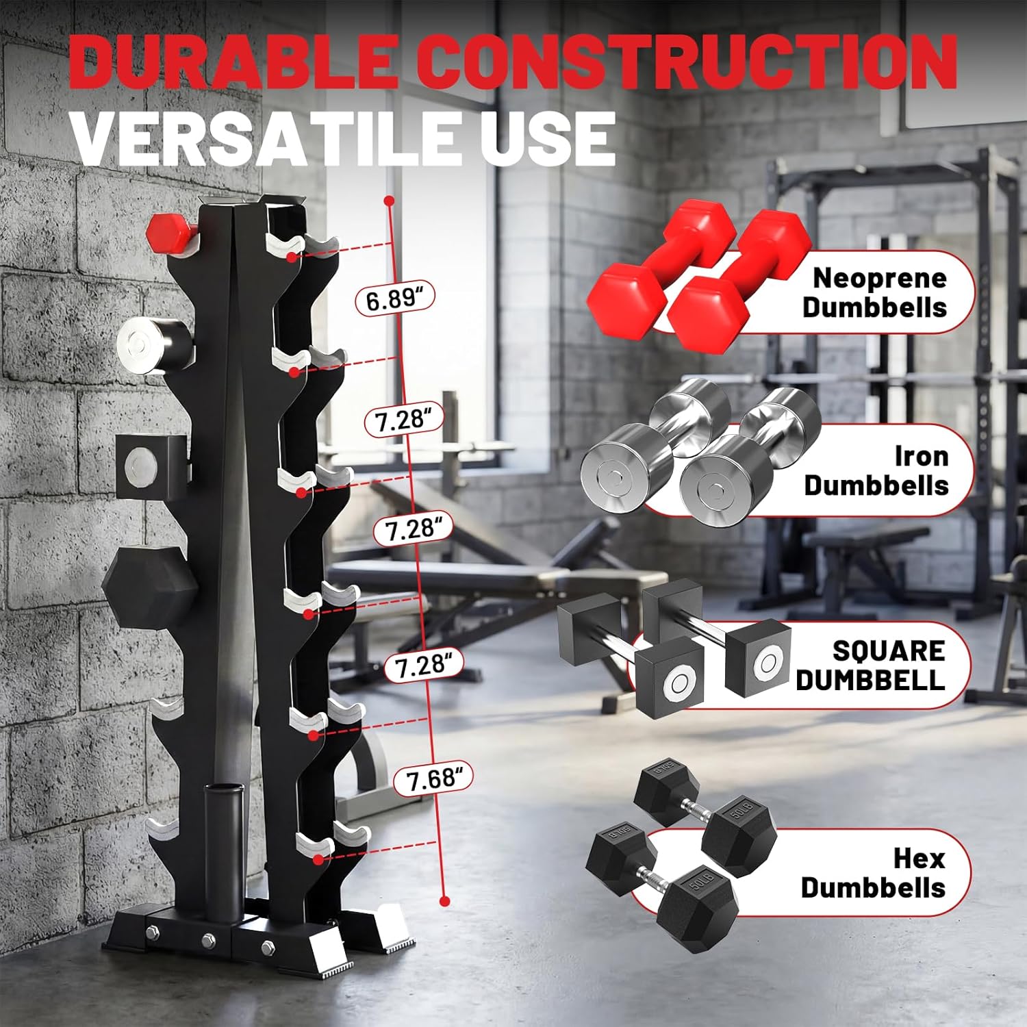 PAPABABE Hex Dumbbell Sets with Rack, 60-550lb Rubber Coated Dumbbell Weight Set and Storage Rack, Multiple Options Hand Weights for Strength Training