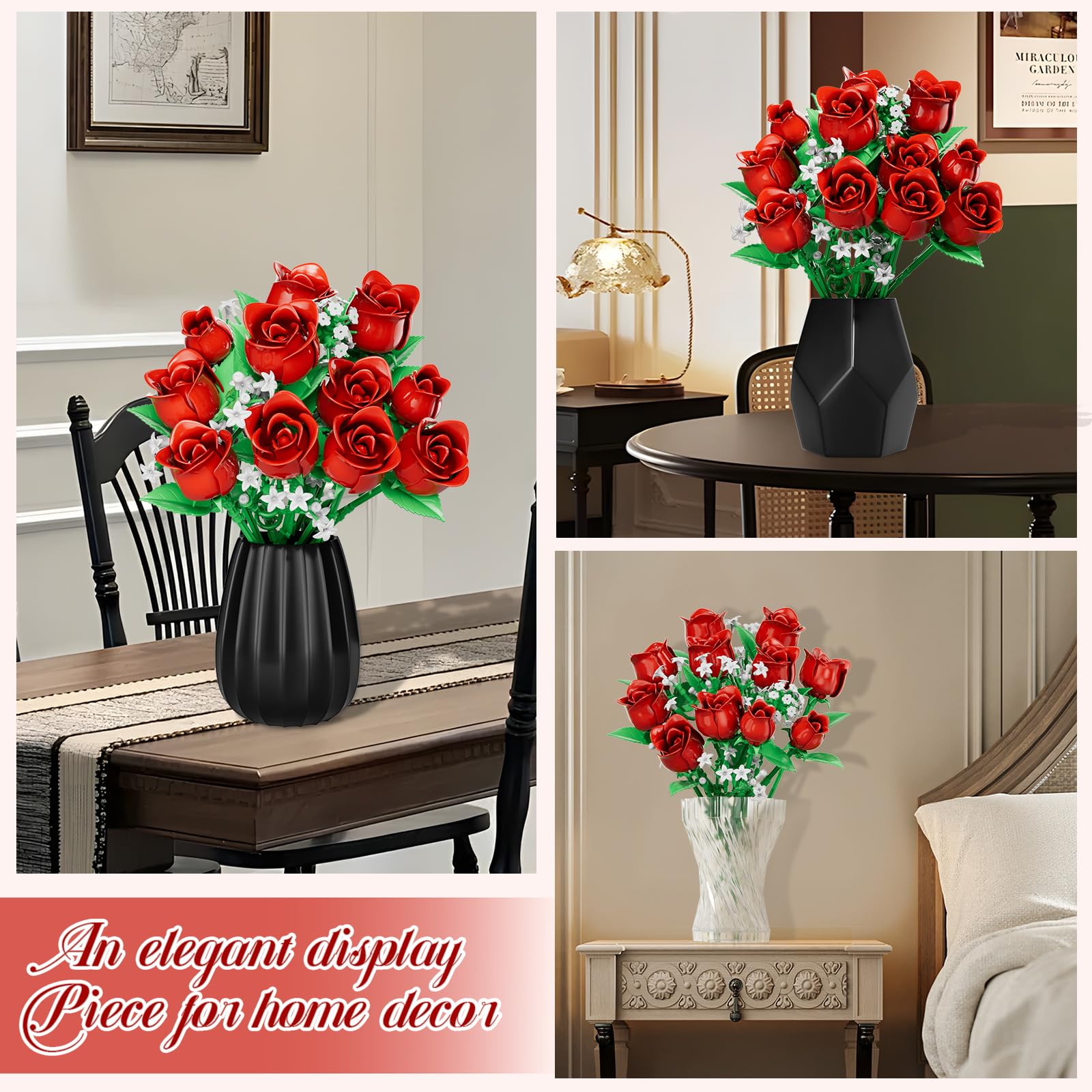 Fiotha Set di Blocchi da Costruzione per Bouquet, 574 Pezzi Fiori Artificiali Bouquet Blocchi, con Coperchio Protettivo, Kit Floreale da Costruzione, per Bambini, Adulti (Rose