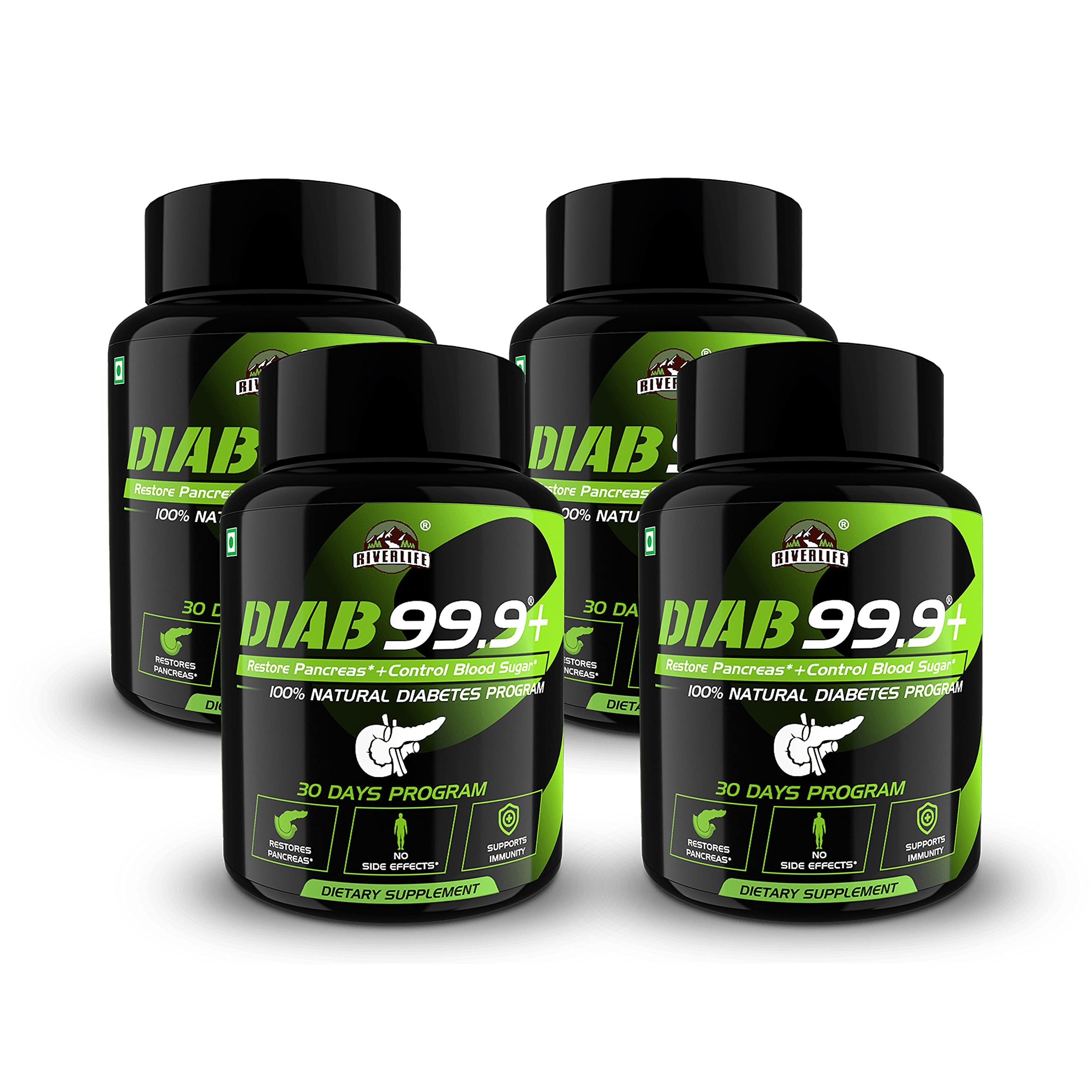 Riverlife Diab 99.9 + Veg Ayurvedic Supplement 4 X 60 Capsules (4 Months Supply) Pack of 4