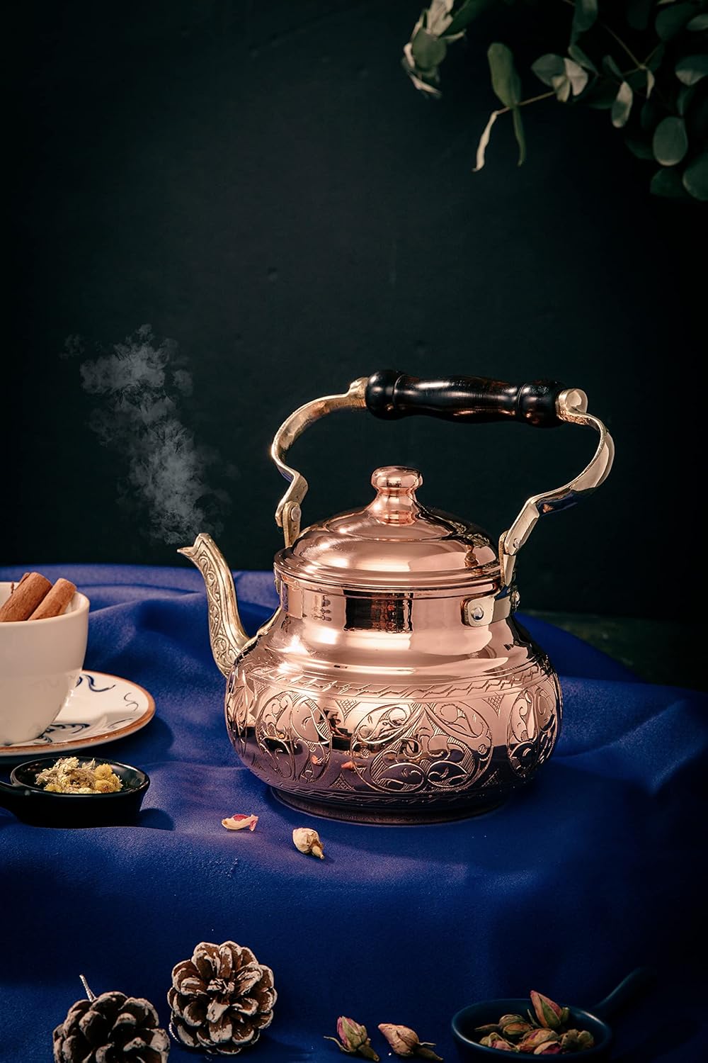 DEMMEX Handmade Engraved 1mm Thick Solid Uncoated Copper Tea Pot Kettle Stovetop Teapot, 1.6-Quart