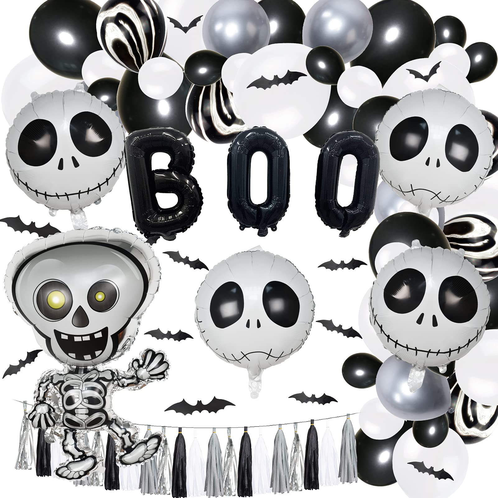 Jilimeli 72 PCS Halloween Party Decoration Set, with 3D Bat Stickers, Latex Balloons, BOO Banner, Tassels, Skeleton Foil Balloons with Tools, Halloween Balloon Arch Garland Party Decorations