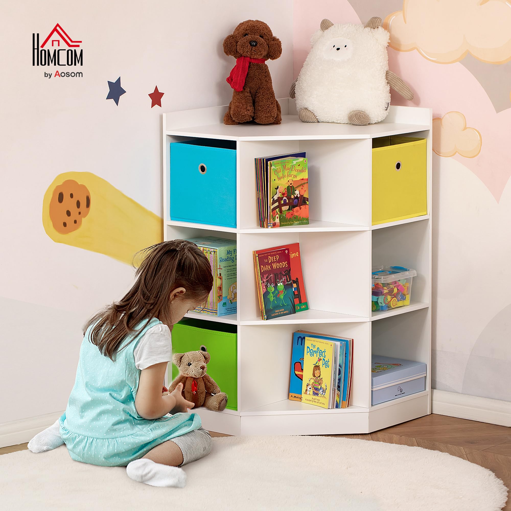 HOMCOM Kinderregal Bücherregal für Kinder Spielzeug-Organizer Kinderzimmerregal mit 3 Aufbewahrungsboxen, 7 offenen Fächern für Kinderzimmer, Kindergarten 57,4 x 57,4 x 94 cm Weiß