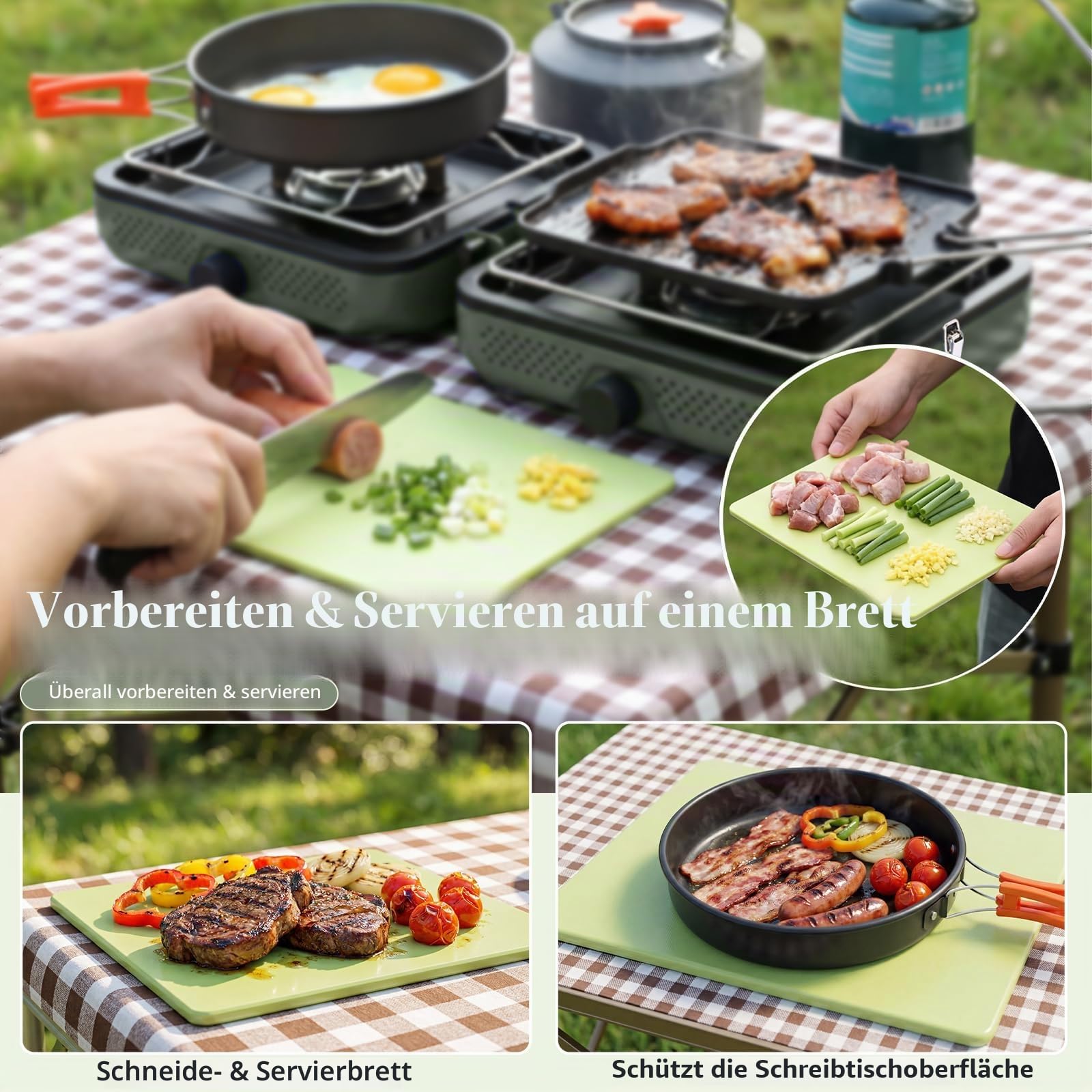 GFTIME Tragbarer 2-Brenner Campingkocher Set mit Kochgeschirr, 30000 BTU/h, Outdoor-Kochset inkl. Outdoor Klapp-Gasherd, Bratpfanne, Grillplatte, Wasserkocher, Topf und Tragetasche, für Propan&Butan