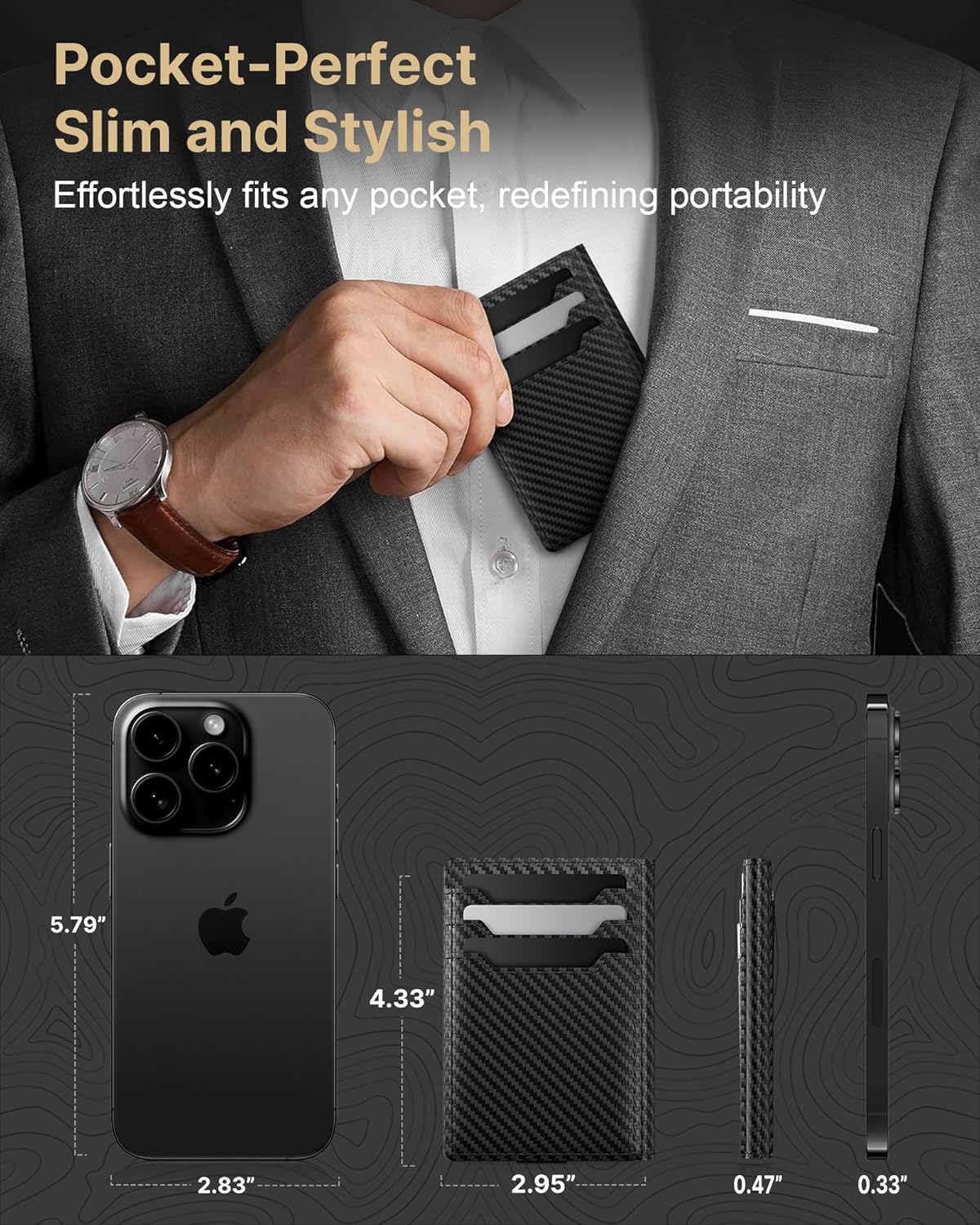 typecase Leather Wallet for Men Card Holder: Premium Genuine Leather, RFID Blocking, Slim, Minimalist, Front Pocket - 15 Cards Capacity | ID Window | Money Clip (Carbon Fiber) - Image 5