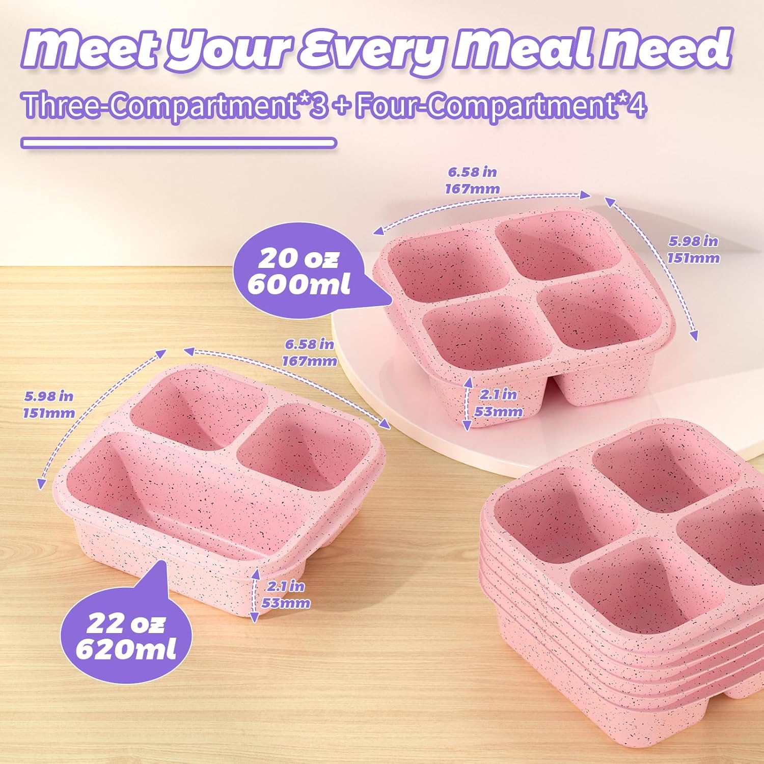 Snack Boxes (7 Pack) Reusable - Stackable Bento Lunch Box Set for Kids and Adults, Sturdy and Easy-to-Clean Meal Prep Containers, Microwave, Freezer, and Dishwasher Safe, BPA-Free (PINK)