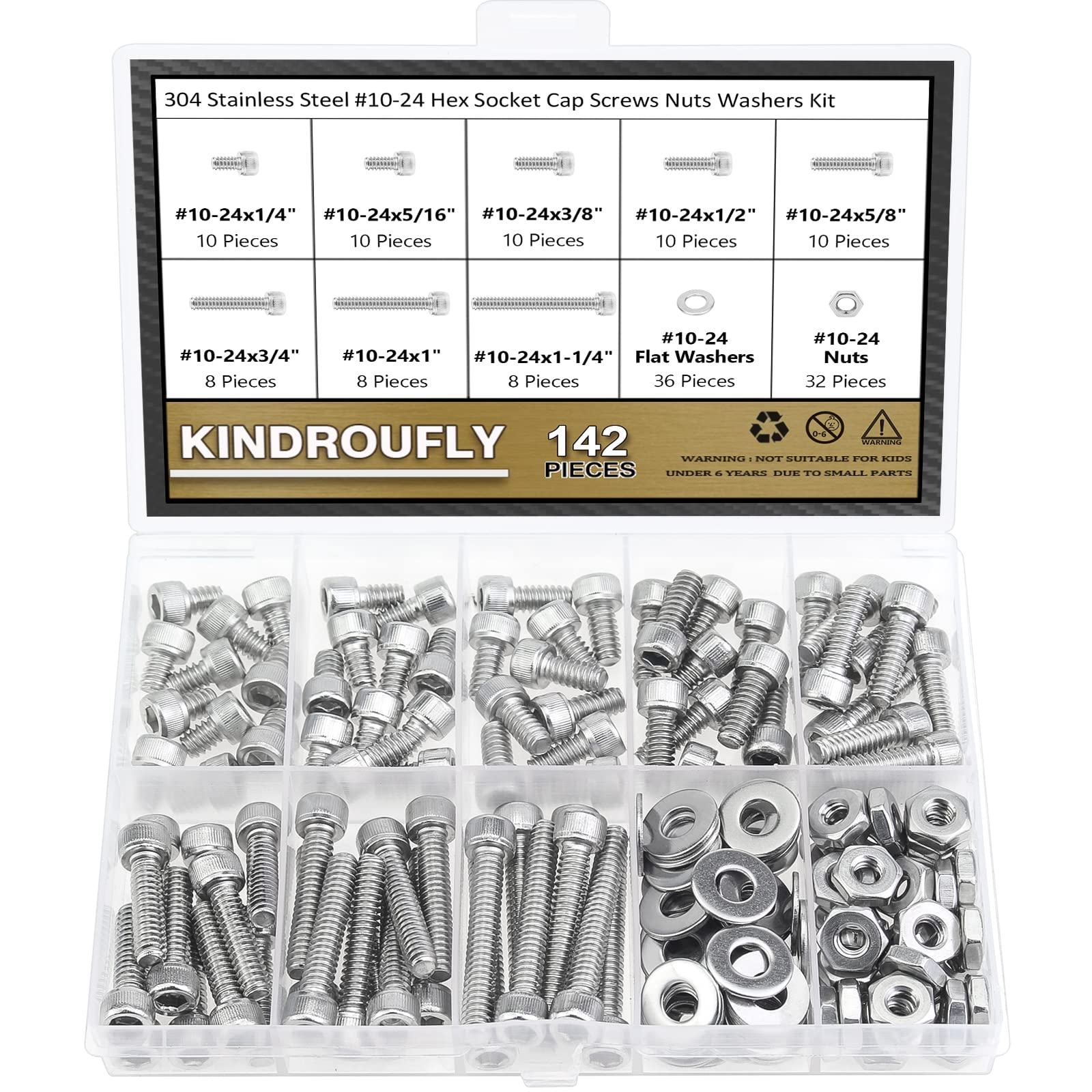 Kindroufly 142 Pieces #10-24 x 1/4", 5/16", 3/8", 1/2", 5/8", 3/4", 1", 1-1/4", Hex Socket Head Cap Screws Nuts Washers Assortment Kit, 304 Stainless