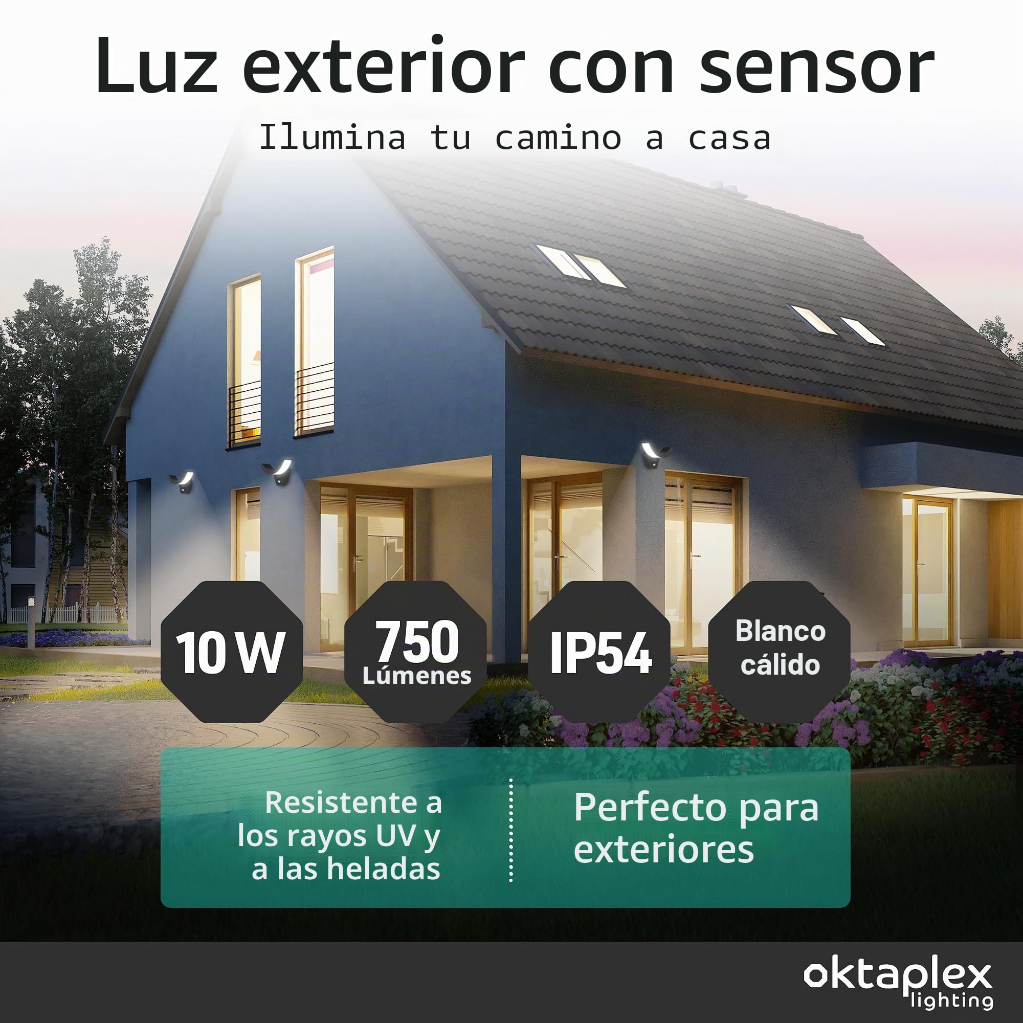 Oktaplex lighting Aplique Pared Exterior con Detector de Movimiento IP54 10W 750lm 3000K Blanco Cálido Lampara de Pared Antracita - Lima Motion