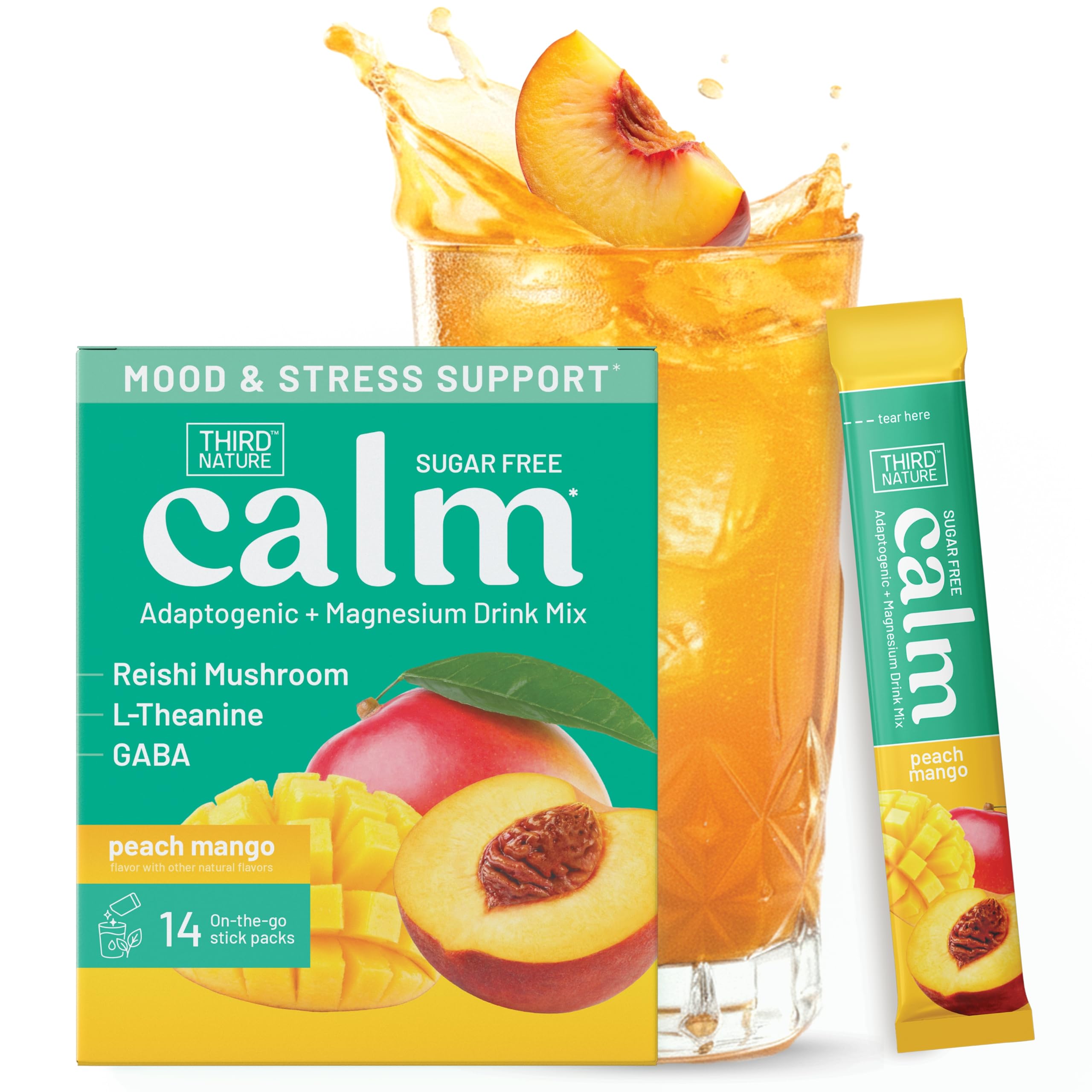 Third Nature Calm Powdered Drink Mix for Stress Support, Relaxation, Healthy Cortisol & Focus - No Sugar, Non-GMO On-The-Go Calming Drink with Magnesium Glycinate, GABA, Peach Mango, 14 Stick Packs 14 sticks