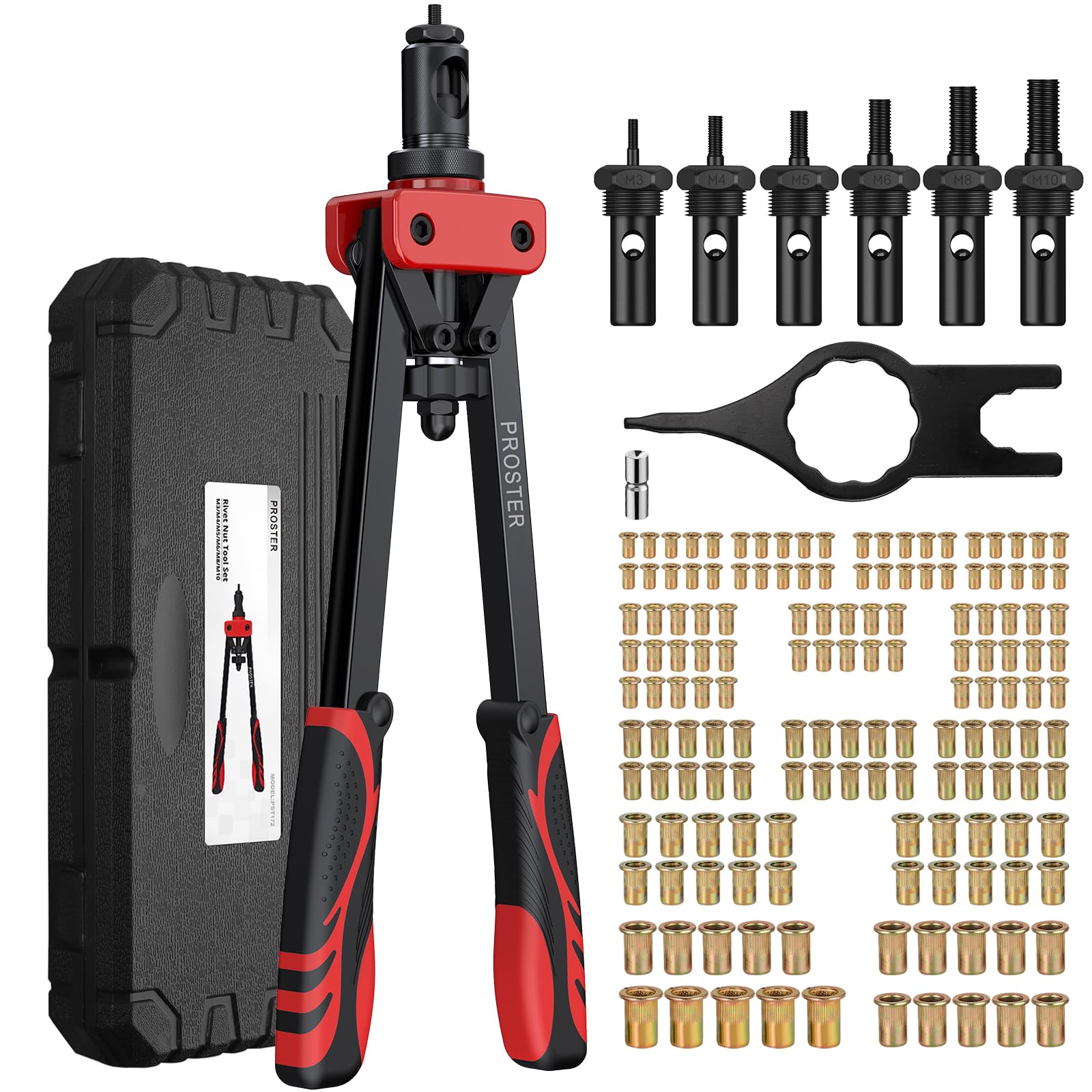 Proster Remachadora de Tuerca 14", Remachadora Manual con 150pcs Tuercas de Remache y 6 Mandriles Intercambiables M3 M4 M5 M6 M8 M10 Pistola Remachadora Profesional que Ahorra Mano de Obra con Caja