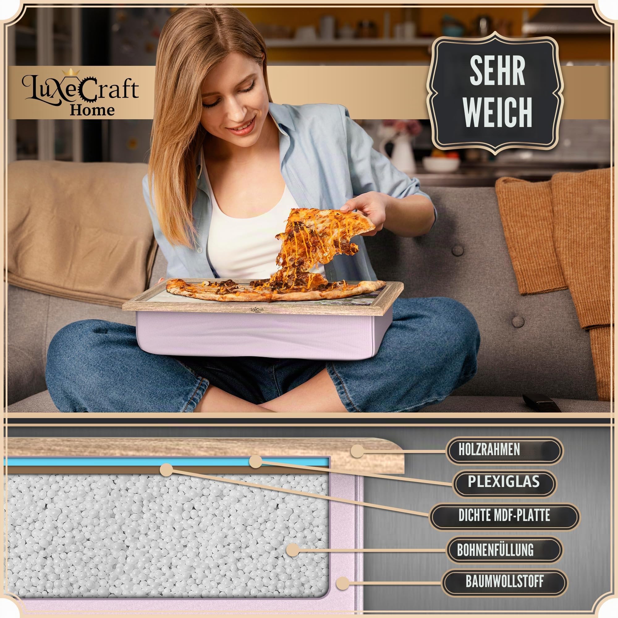 Empire Knietablett mit Sitzsackkissen - Holz Weich Gepolstertes Knietablett mit Kissen zum Essen, Trinken & Laptop - Ideal für Frühstück, Abendessen, Snacks & Arbeit - Komfortabel, tragbar mit