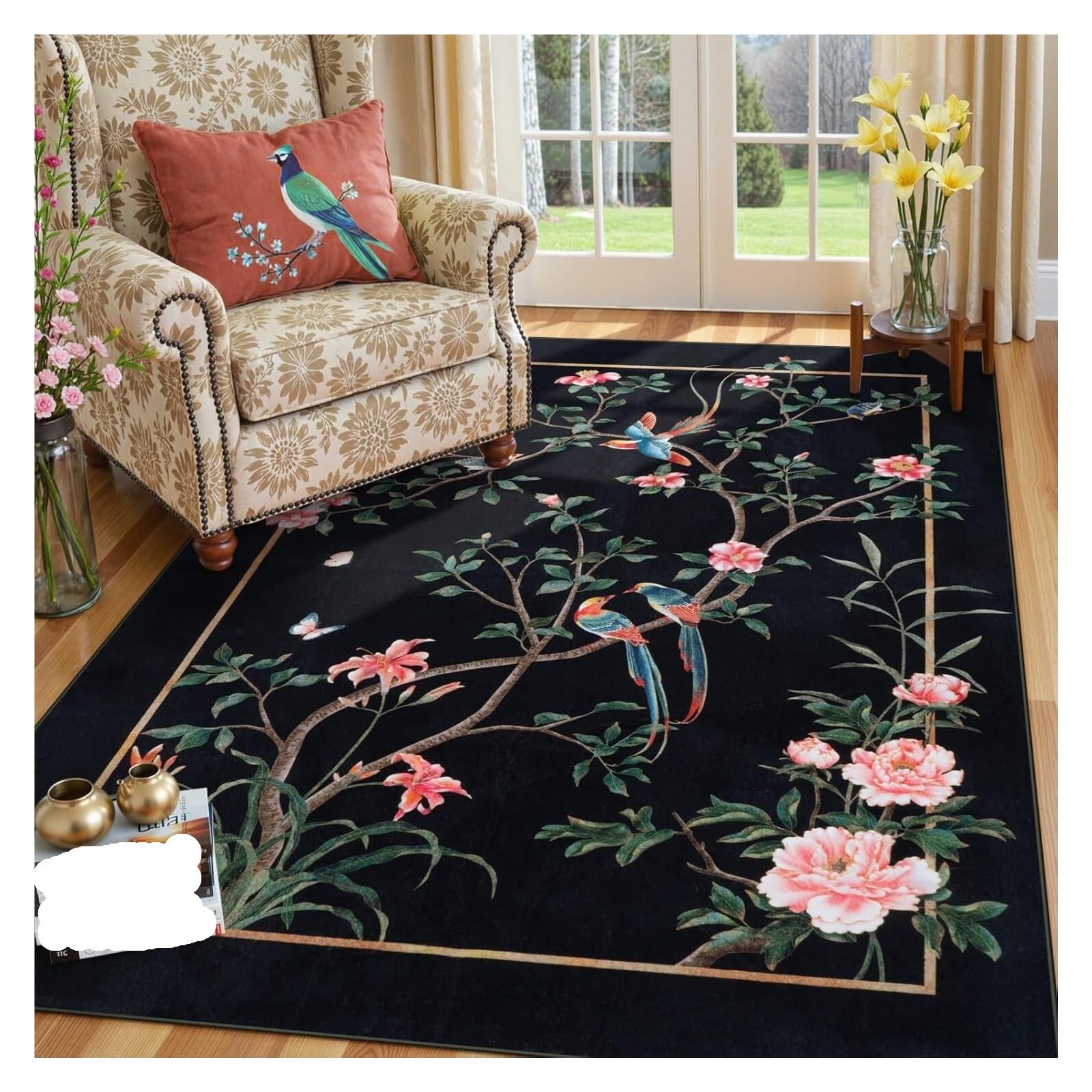 Tapis de salon oriental traditionnel motif oiseaux et fleurs finition douce premium
