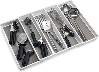 ELTOW Expandable 5-Compartment Non-Slip & Adjustable Large Utensil Organizer for Kitchen Drawers, Modern, Practical White Utensil Drawer Organizer