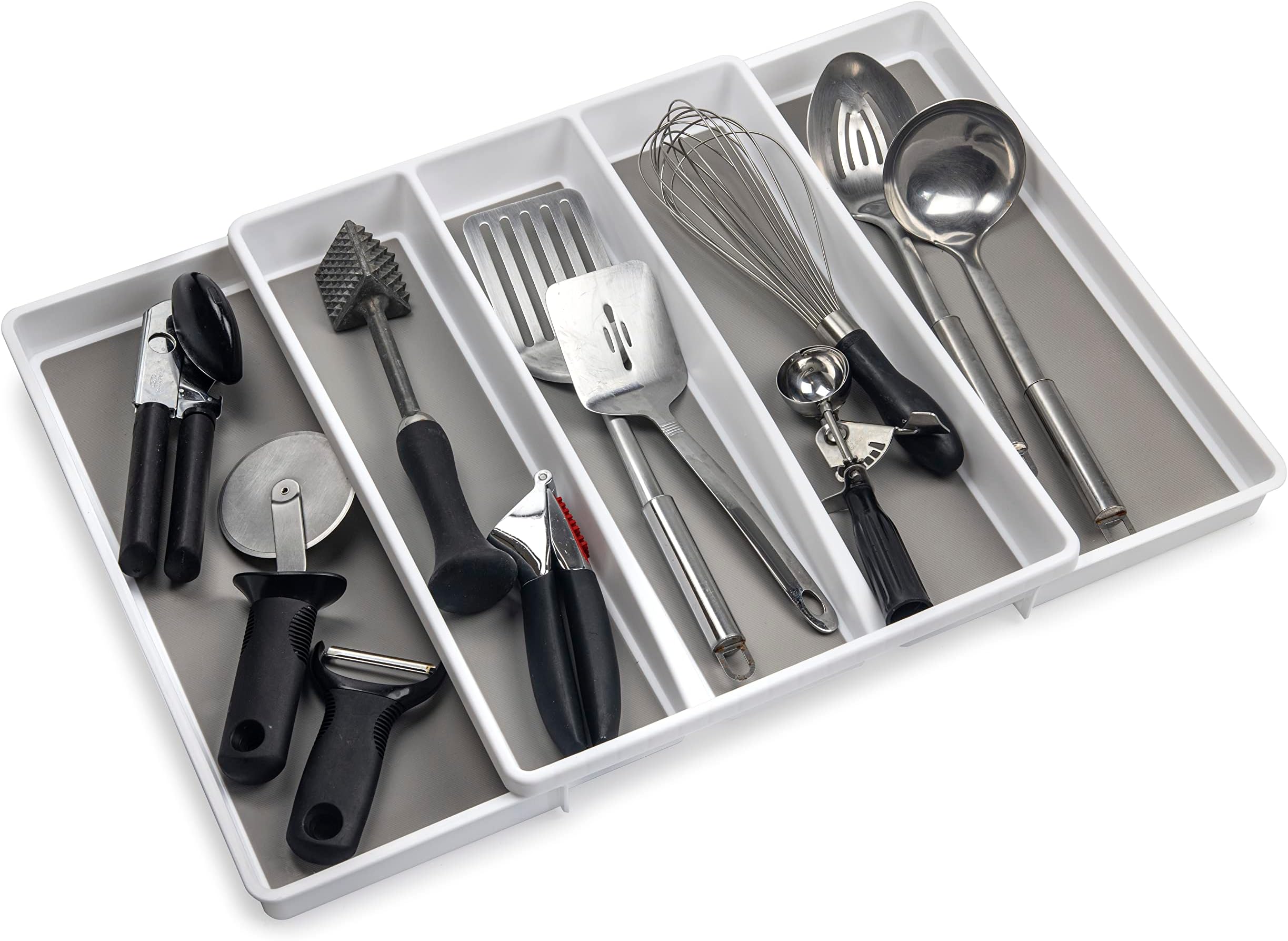 ELTOW Expandable 5-Compartment Non-Slip & Adjustable Large Utensil Organizer for Kitchen Drawers, Modern, Practical White Utensil Drawer Organizer