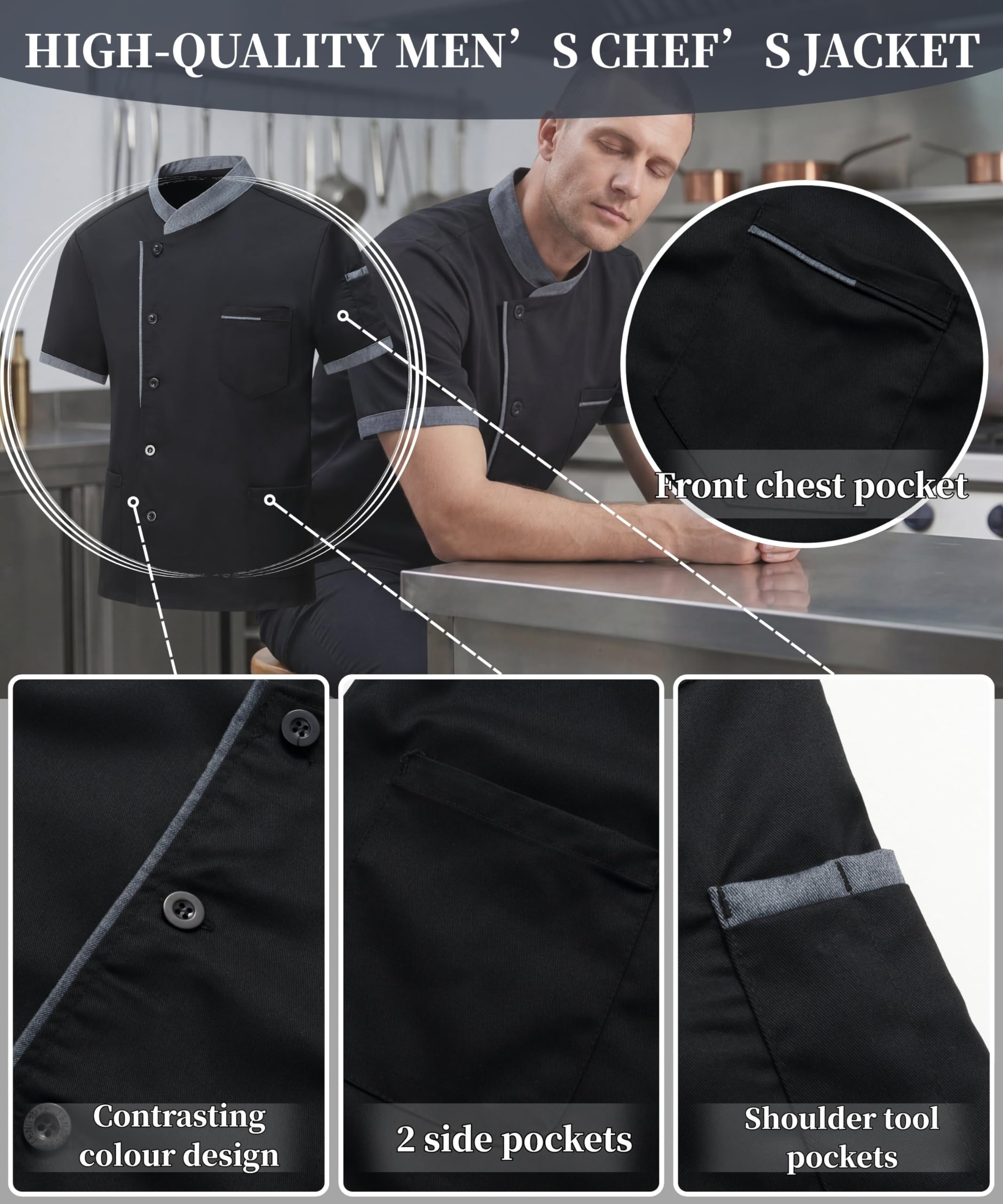 Giacca da Cuoco da Uomo in Cotone Traspirante Ristorante Divisa Maniche Corte Leggera Uniforme Cuoco Professionale Ristorante Giacca per Hotel Panetteria - 4