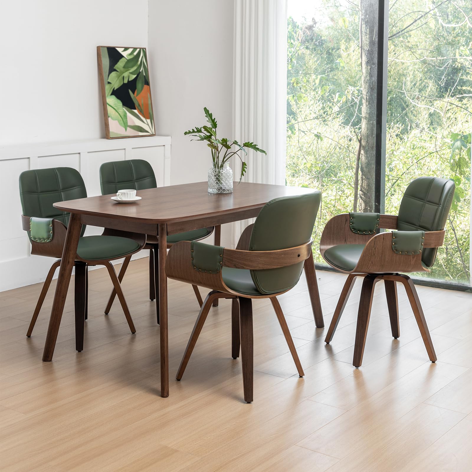 ALLFONIS MCM Faux Leather Swivel Dining Chairs in Walnut Green