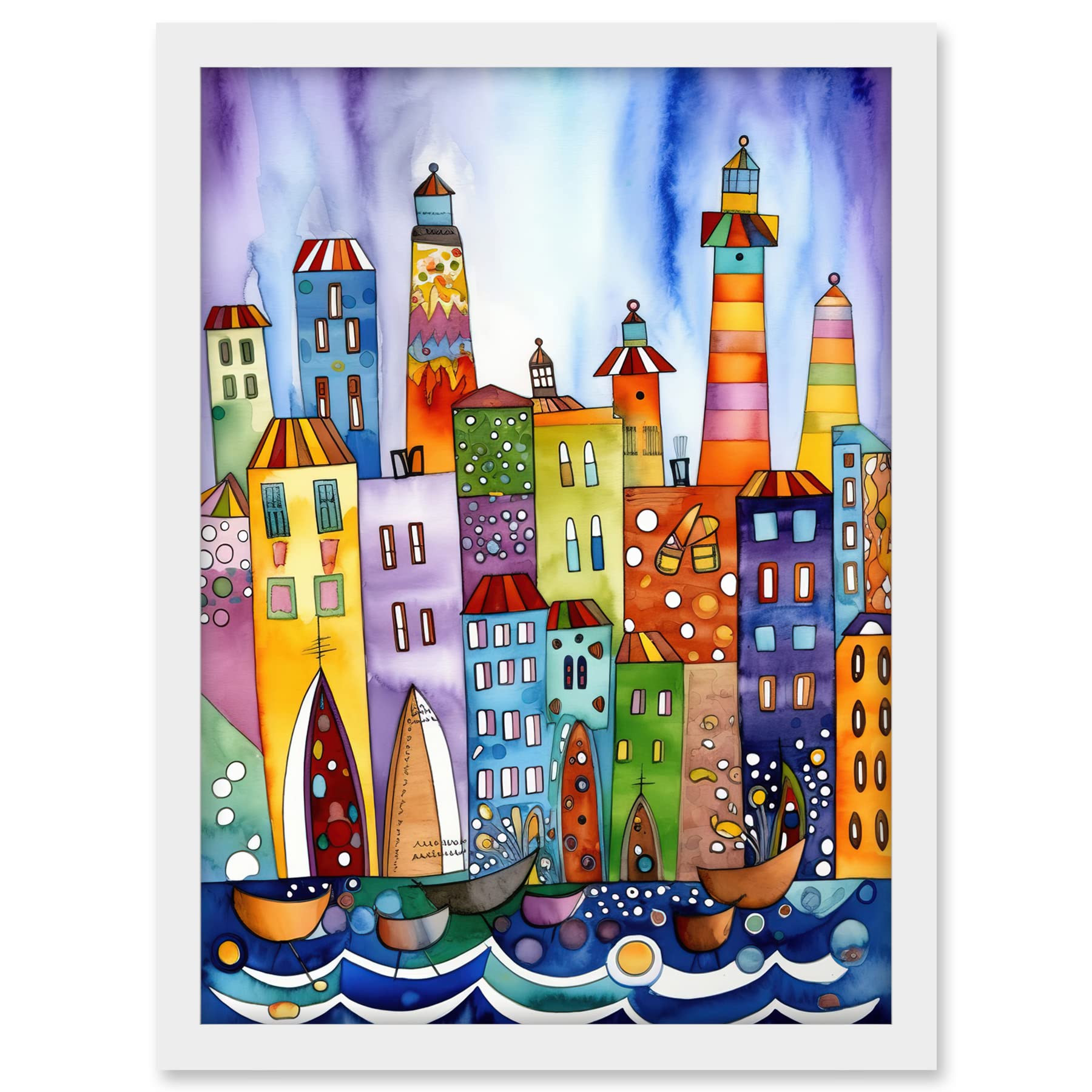 Artery8 Canal Area Folk Art Watercolour Painting Artwork Framed A3 Wall Art Print