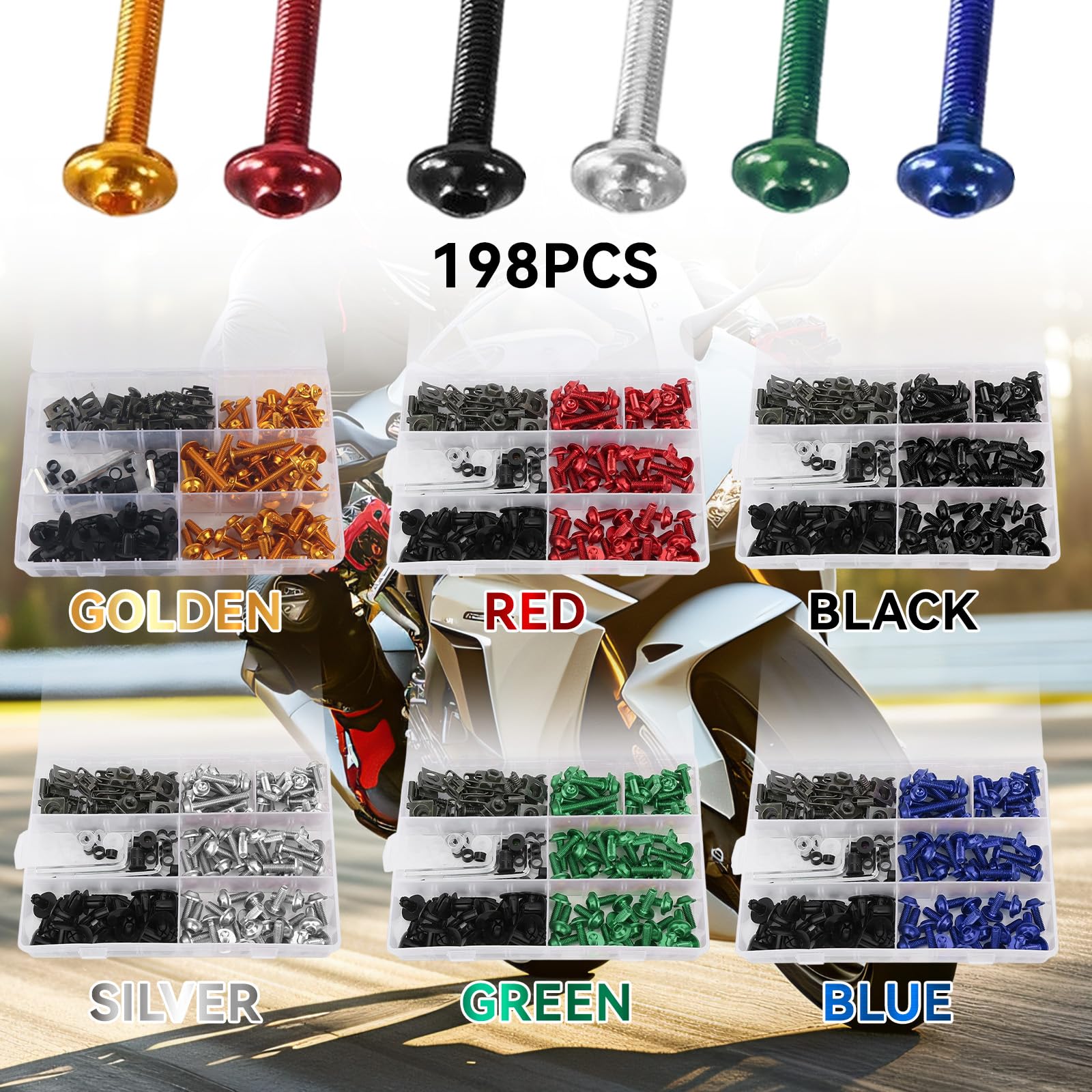 Kit Pernos Carenado Motocicleta, Juego 198 Piezas Tornillos M5 M6 Parabrisas Sujetadores Coloridos Aluminio para Montaje Carenas Motos