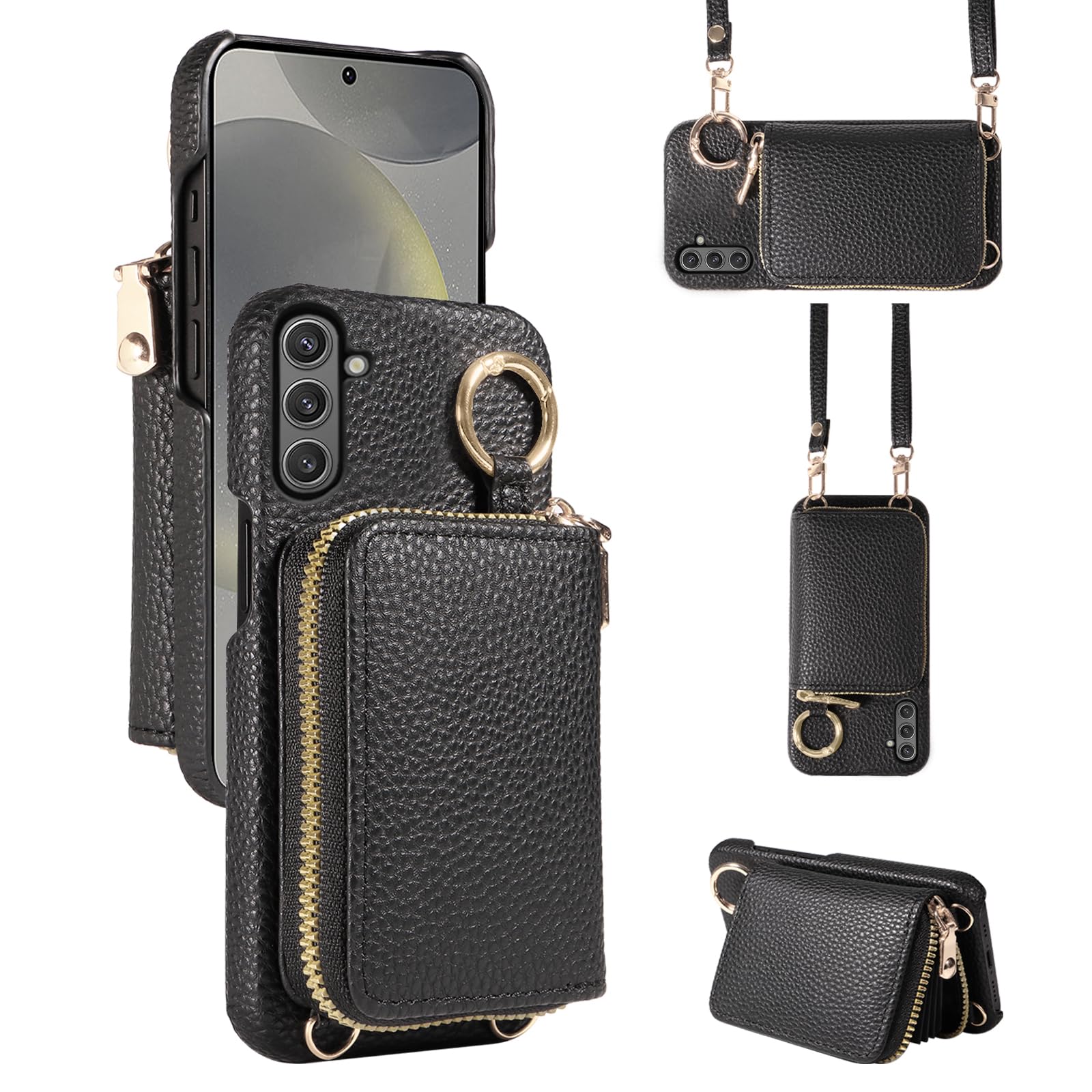 Furiet Wallet Case for Samsung Galaxy S25 Plus S25+ 5G with Shoulder Strap Ring Buckle, Luxury PU Leather Zipper Flip Organ Purse Card Holder Stand