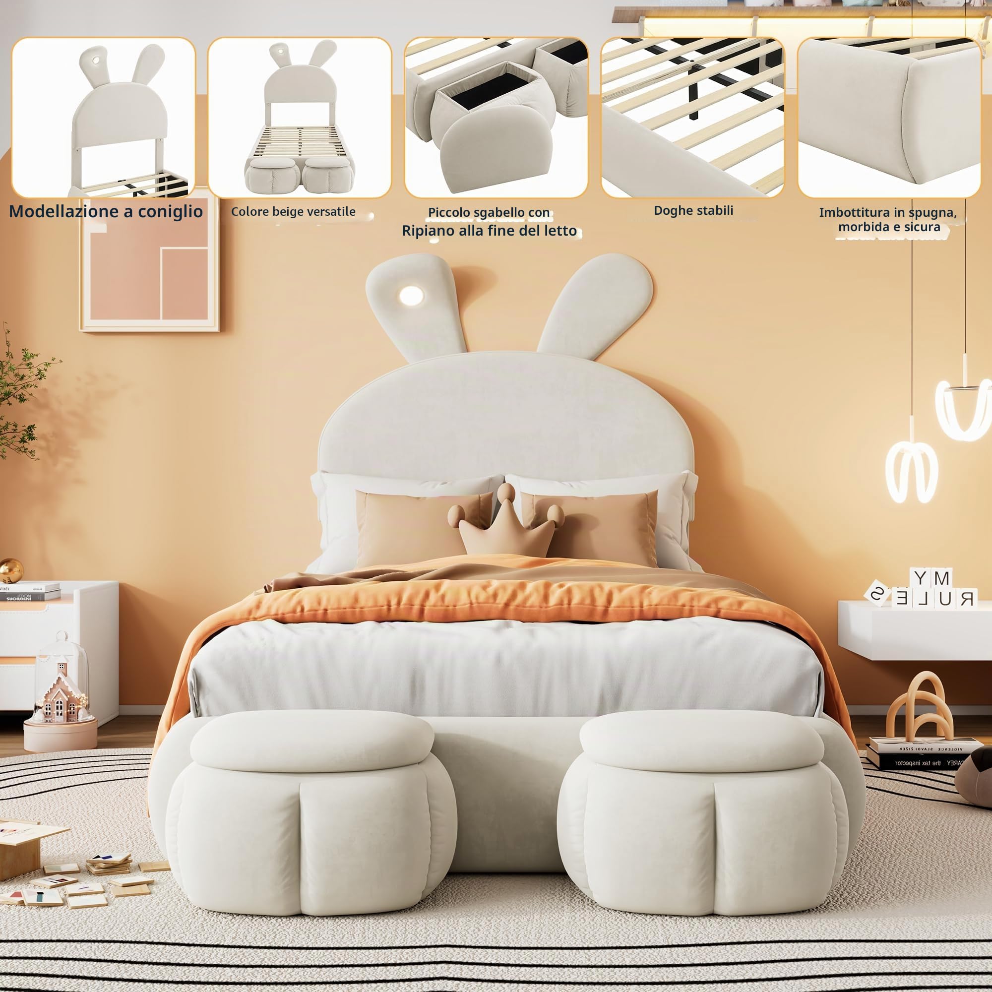 Letto imbottito da 90 x 200 cm, letto per bambini con 2 sgabelli di stoccaggio e illuminazione LED per comodino, orecchie di coniglio pieghevoli, struttura del letto LED per ragazze, letto per ragazzi