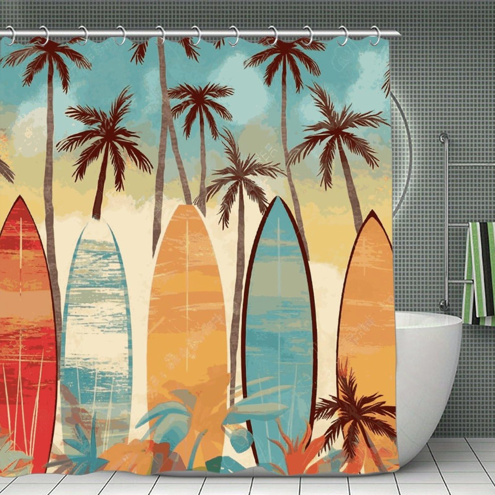 VstaDank Surfboard Palm Tree Bath Curtain Elegant Heavy Duty Shower Curtains 70x70 in Rustic Farmhouse Cloth Shower Curtains Neutral Modern Bath Curtain for Bathroom