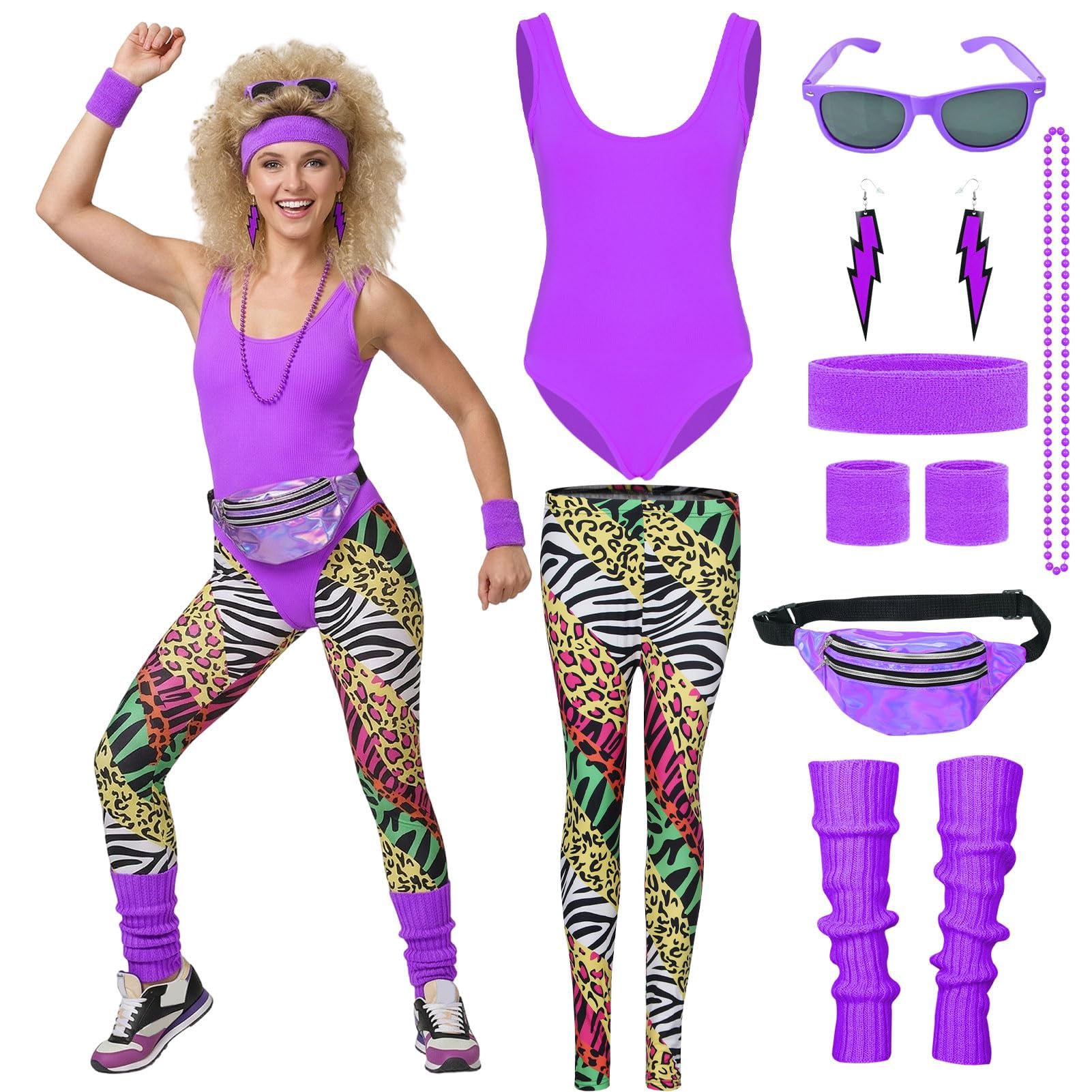 Amycute 80s Fancy Dress Costume for Women – Complete 80s Workout Outfit with Neon Bodysuit, Animal Print Leggings & Retro Accessories for 80s Theme Party, Hen Do, Festival(Purple,L) — image 1