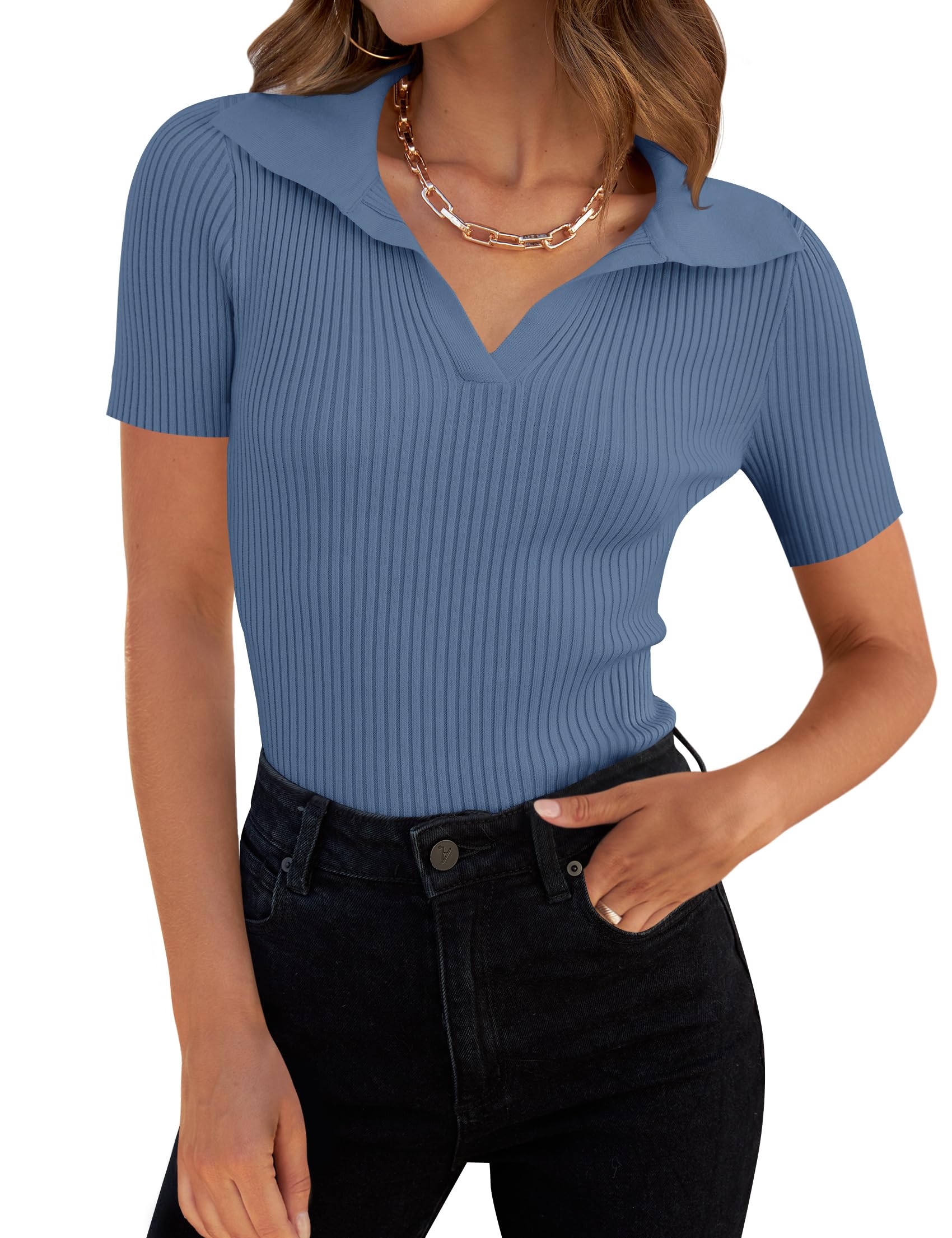 ZESICA Women's Short Sleeve V Neck T Shirts 2026 Summer Ribbed Knit Slim Fitted Basic Solid Color Tee Tops