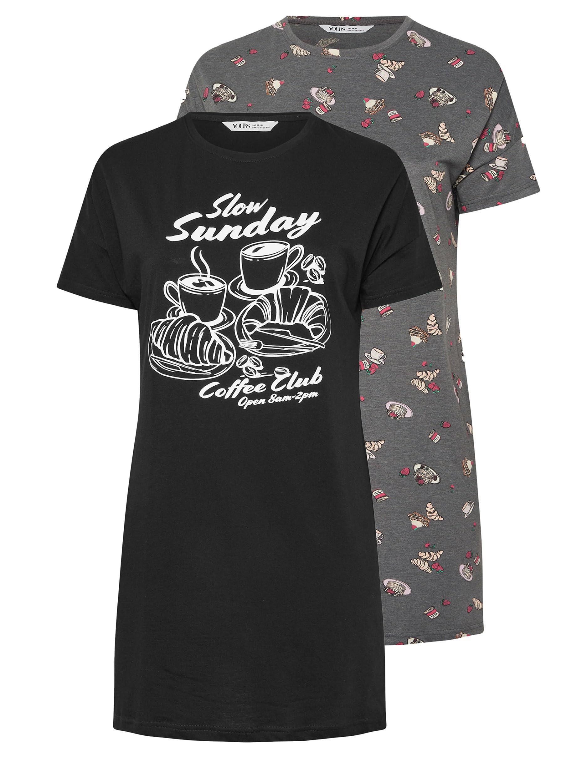 Yours Women's Black Yourset 2 Pack Curve 'Coffee Club' Sleep Tee Nightdresses - Plus Size Curve
