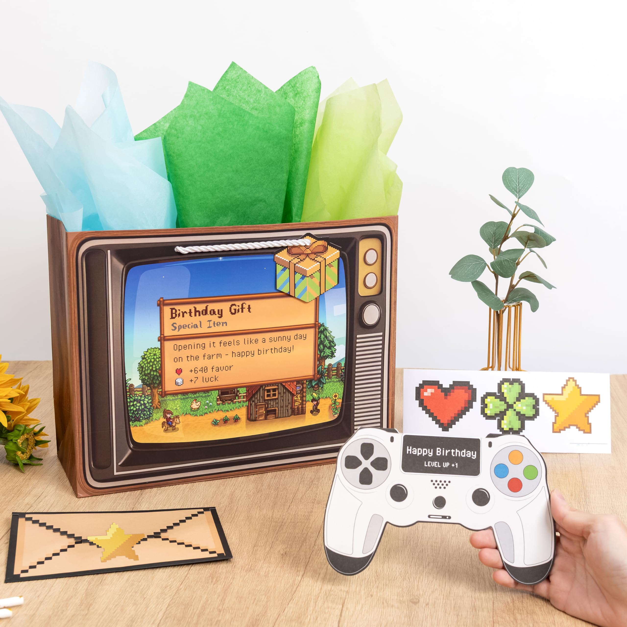 Crisky Gamer Birthday Gift Bag Set – Pixel Art Design with Greeting Card, Tissue Paper & Stickers | for Boys, Men, Video Game Party Favors & Decorations, 13 inch