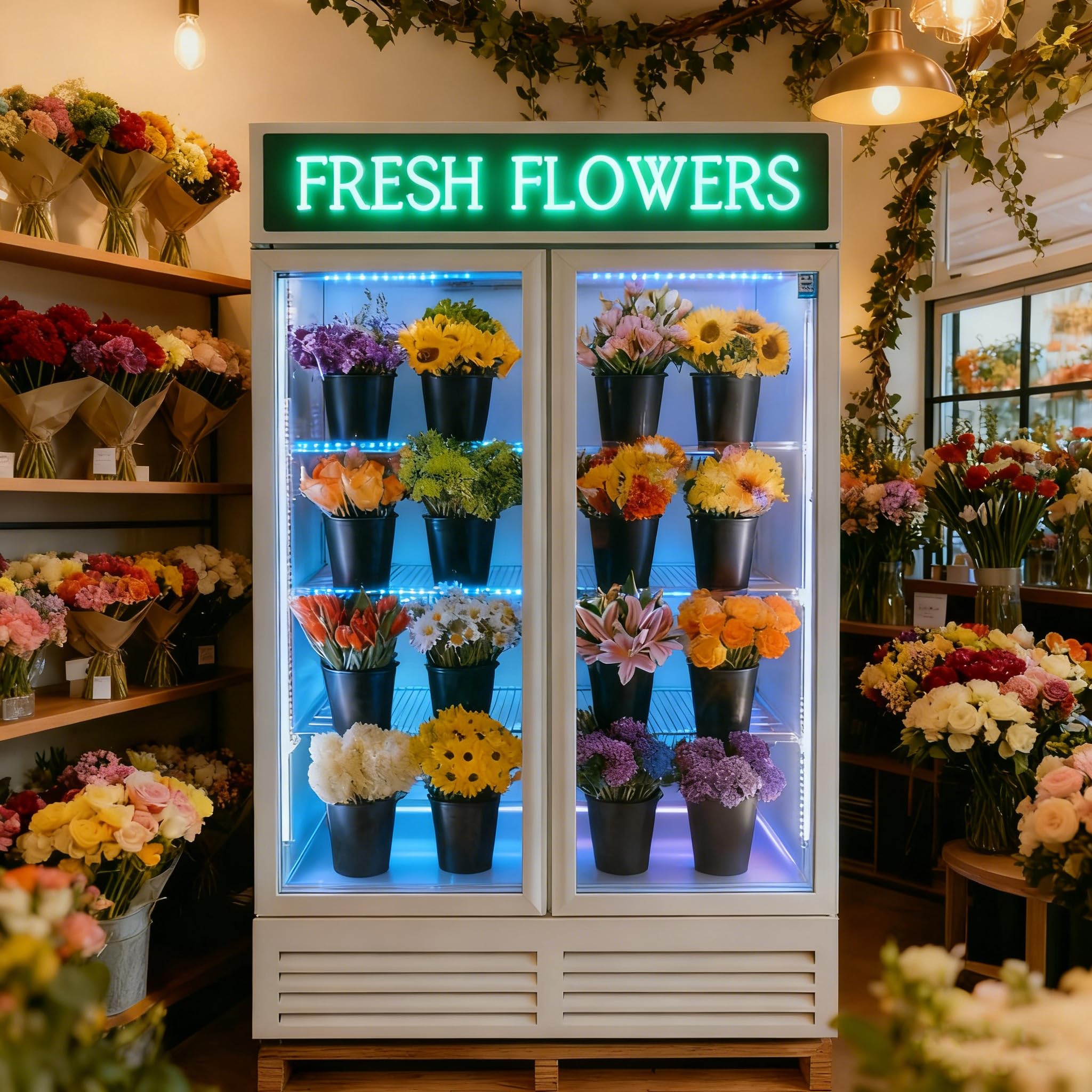 Commercial Flower Refrigerator Floral Display Cooler,White 2 Glass Doors Fridge With LED Light Adjustable Shelves,ETLSanitation Approval,42.5Cu Ft,47.2" Wide, Wheels Included