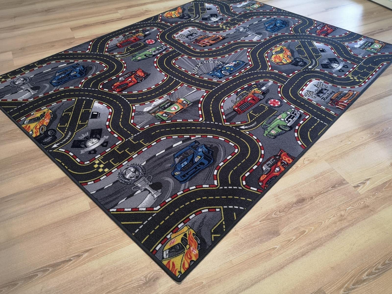 Kinderteppich Straßenteppich Racing Auto grau anthrazit Rennstrecke Spielteppich (200 x 400 cm)