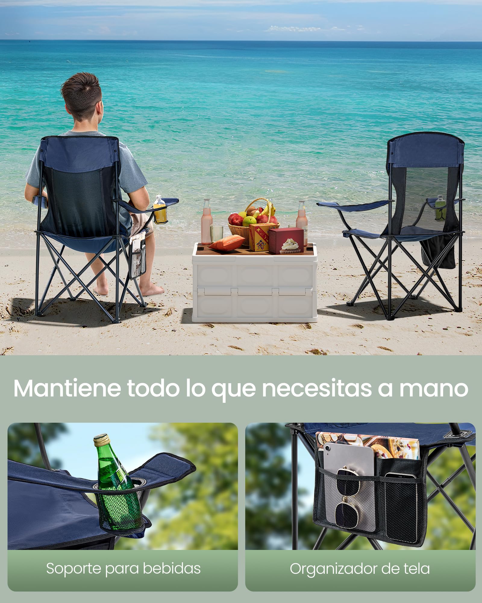 SONGMICS Juego de 2 Sillas de Camping Transpirables, Plagables Exterior con Respaldo Alto, Reposabrazos Ajustables, Portavasos, Carga 150 kg, para Jardín, Patio, Azul Marino GCB028Q01