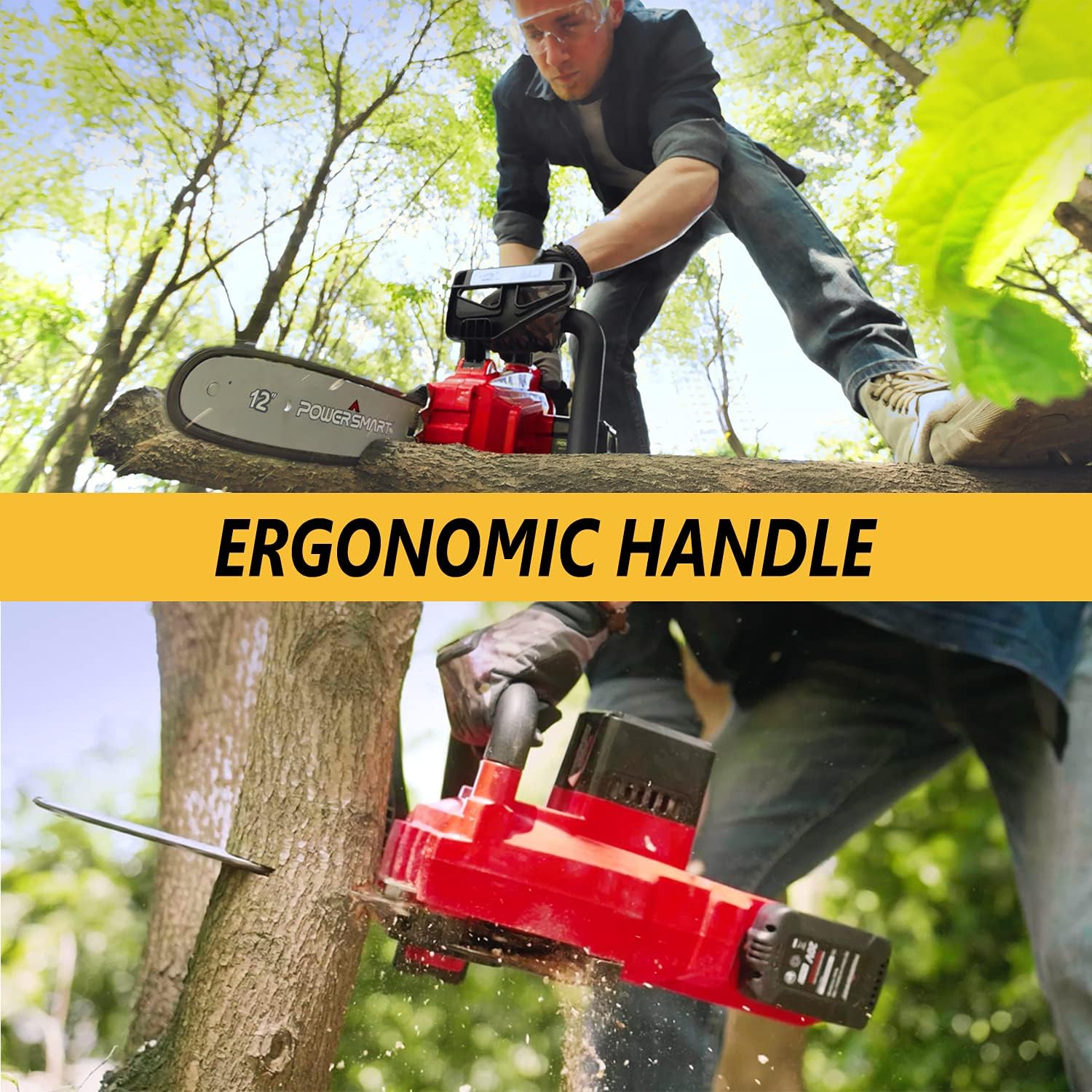 PowerSmart 12 Inch Electric Chainsaw, Battery Powered Cordless Chain Saw With Chain and Bar, Brushless Chainsaw with 20V 4Ah Battery And Fast Charger Included For Wood Cutting