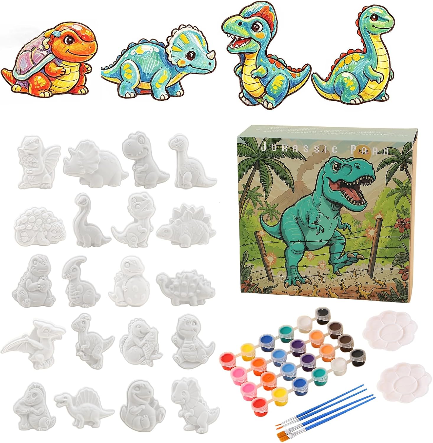 GloomGlo Dinosaur Theme Paint Your Own Plaster Figurines Kit - 24 Pcs Figures with Paints, Brushes & Palettes for Kids' Arts & Crafts Supplies