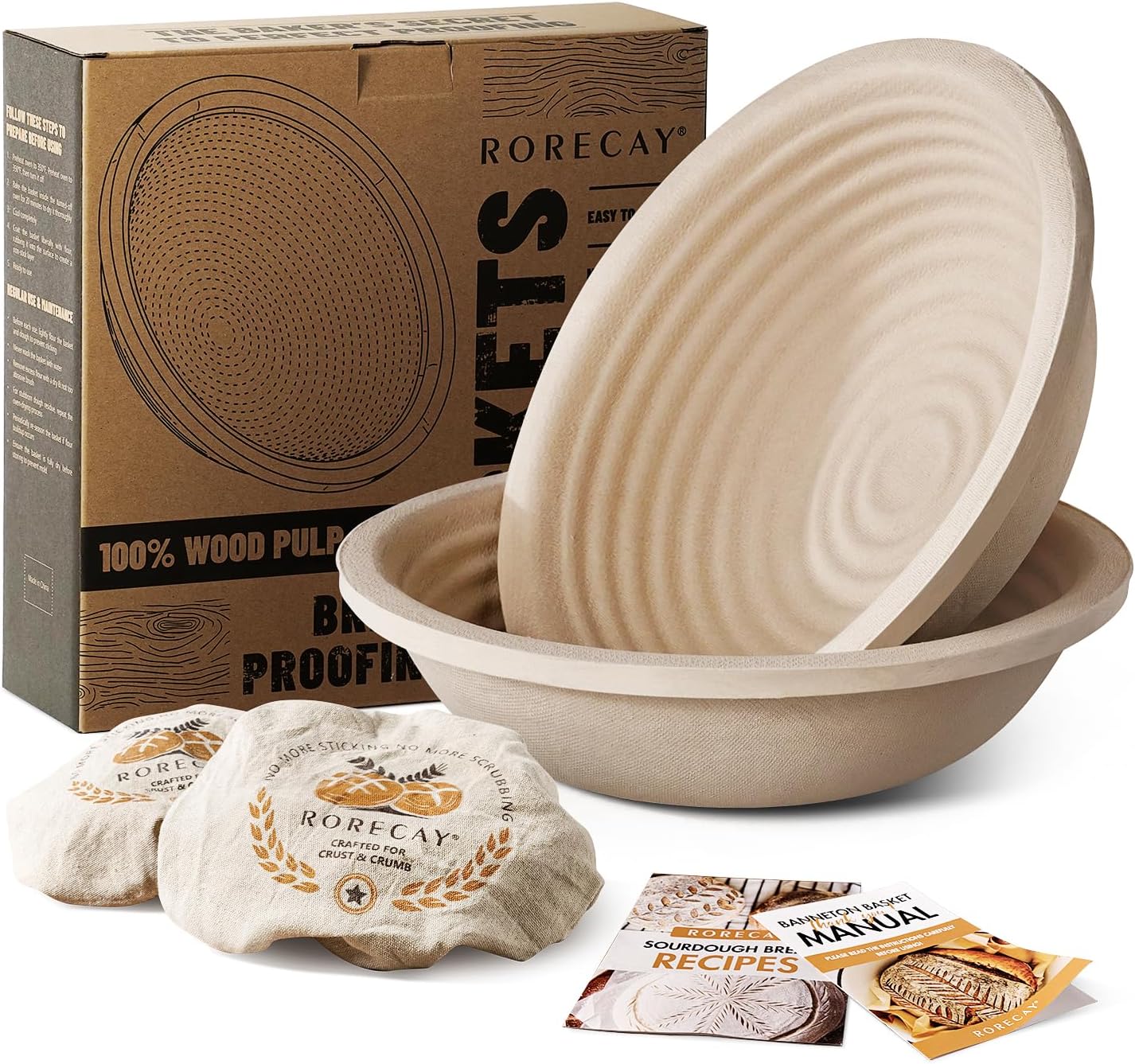 Wood Pulp Banneton Bread Proofing Baskets Set of 2, 9 Inch Round 2.2LB Sourdough Banneton Basket with Liner, Non-Stick Dough Proofing Bowl for Rising and Baking