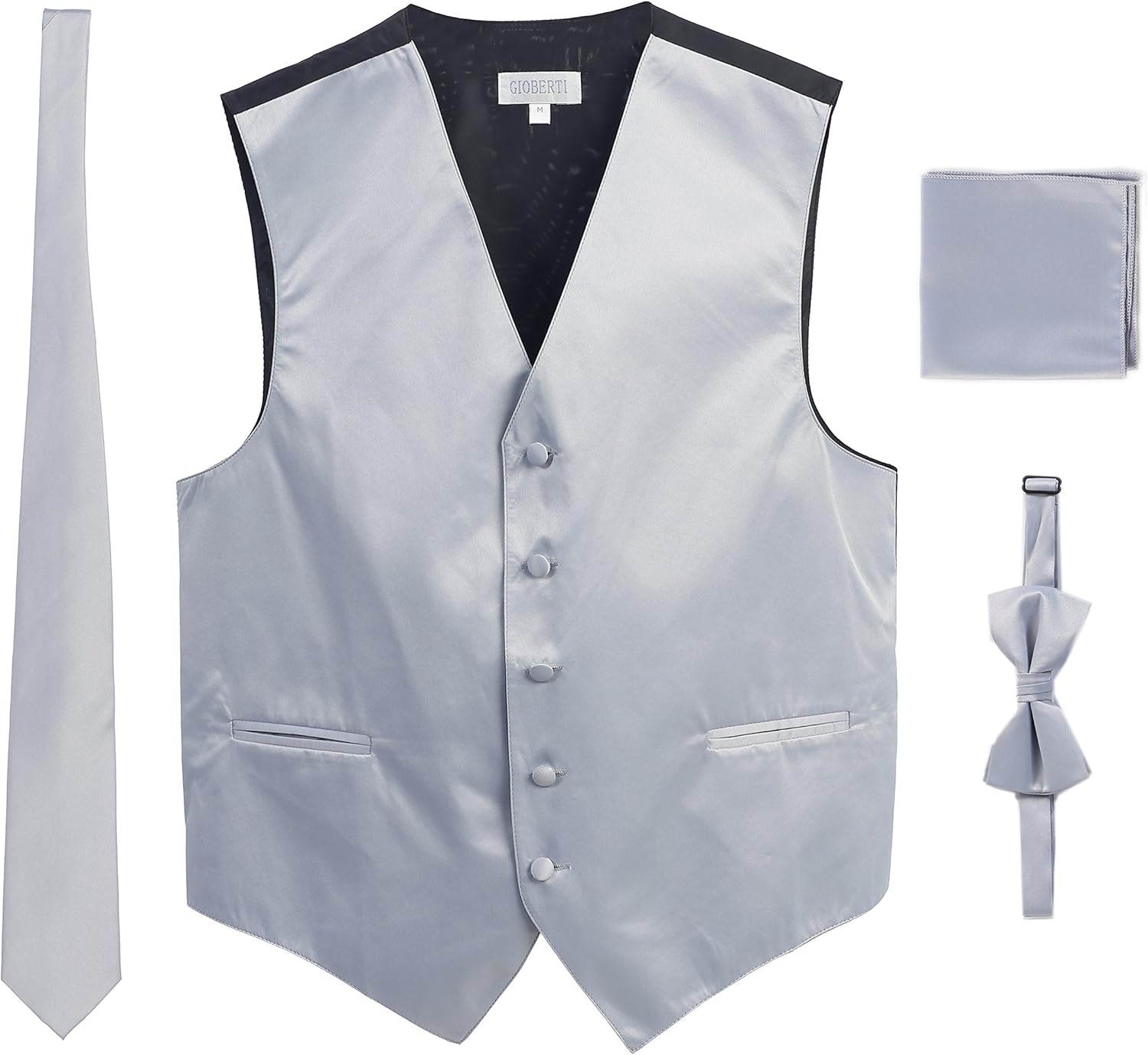 Gioberti Men's Formal 4pc Satin Vest Necktie Bowtie and Pocket Square