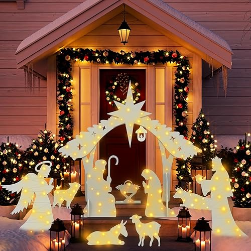 Soaoo Outdoor White Nativity Scene with 2 String Lights Silhouette Yard Sign Display Water Resistant PVC Large Holy Family Yard Nativity Scene