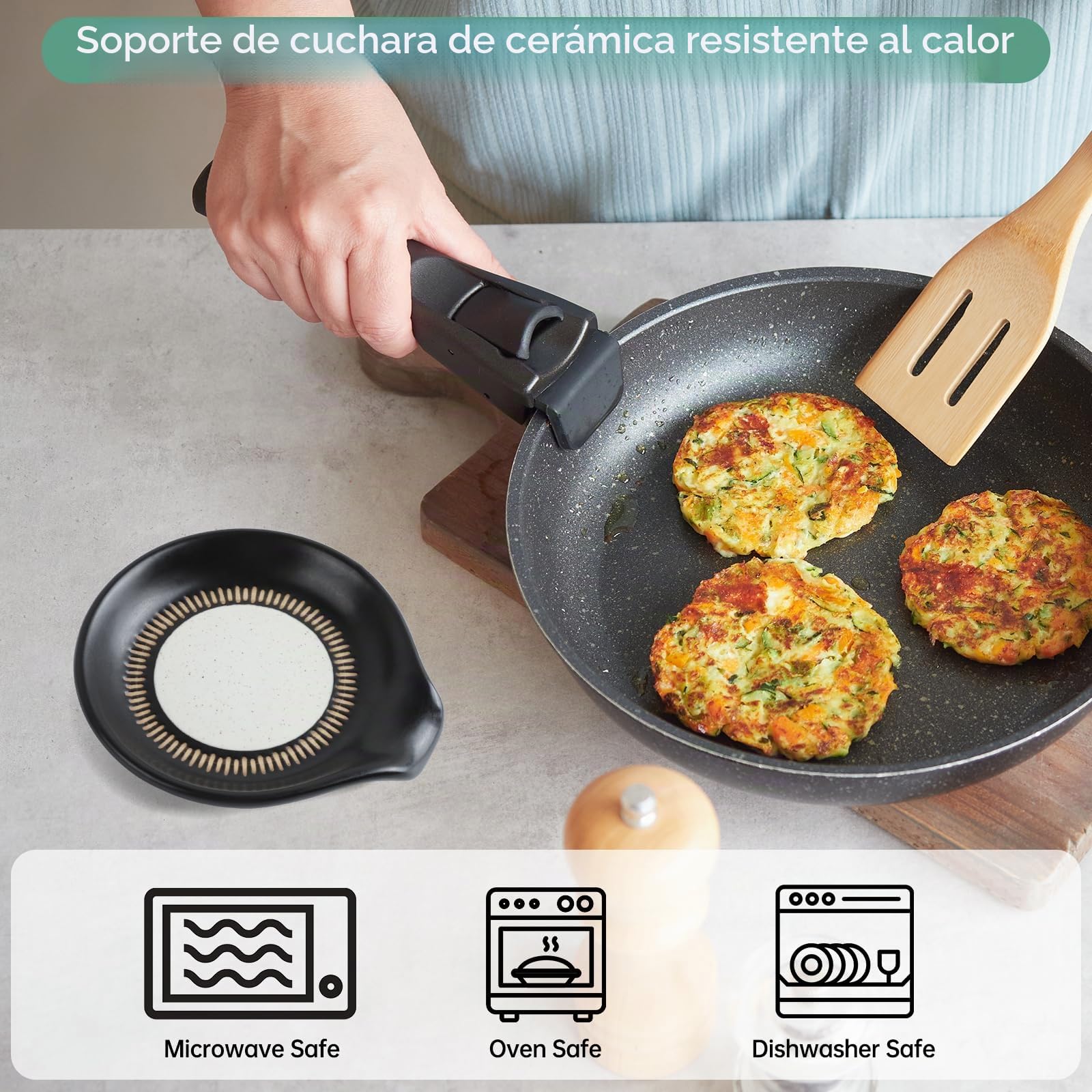 Toski Reposa Cucharas Ceramica para Estufa Mostrador de Cocina, Posacucharas Resistente Calor, Soporte De Cuchara Negro, Grande Reposacucharas para Espátulas, Cucharas, Pinzas, Apto Para Lavavajillas