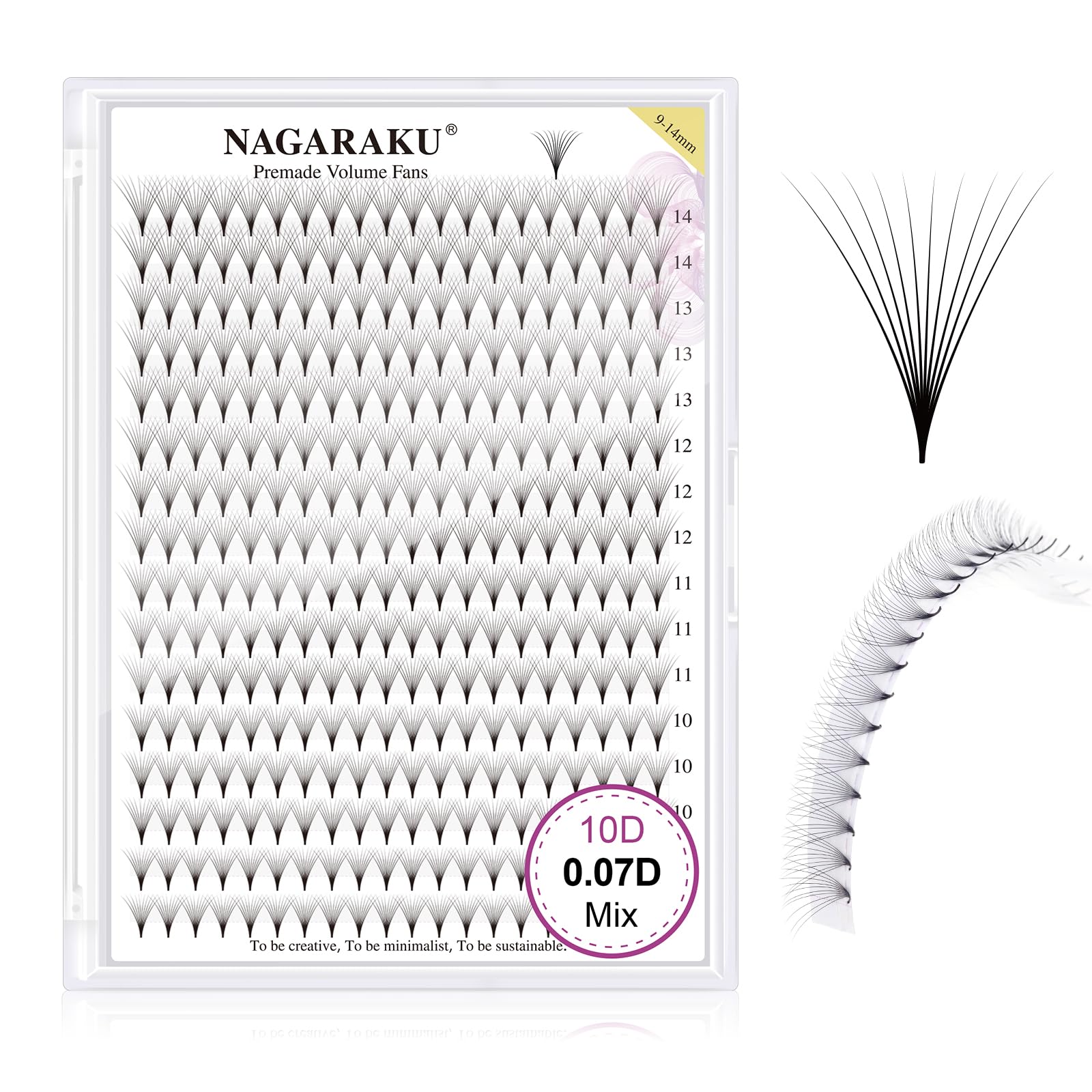 NAGARAKU Premade Fans Eyelash Extensions Thin Pointy Base 10D Volume Sharp Narrow Stem 0.07mm D curl 9-14mm Mix Clusters Russian Pre Fanned Fluffy Matte Black
