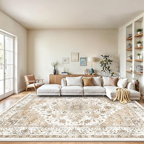 Amada 8x10 Area Rugs, Low-Profile Large Washable Area Rug with Non-Slip Backing & Durable Edge Binding, Vintage Rugs for Living Room, Bedroom, Dinning Room