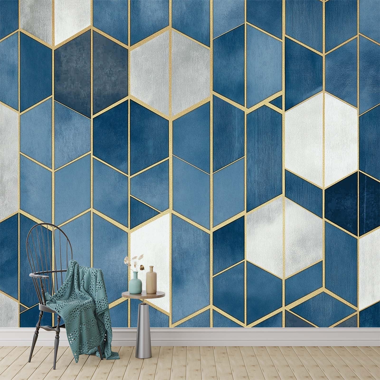 Wall Mural Blue and Grey Geometry Home Decoration Photo Mural, Wall Decoration for Bedroom Nursery Living Room Home Decoration 300 x 210 cm Photo Wallpaper