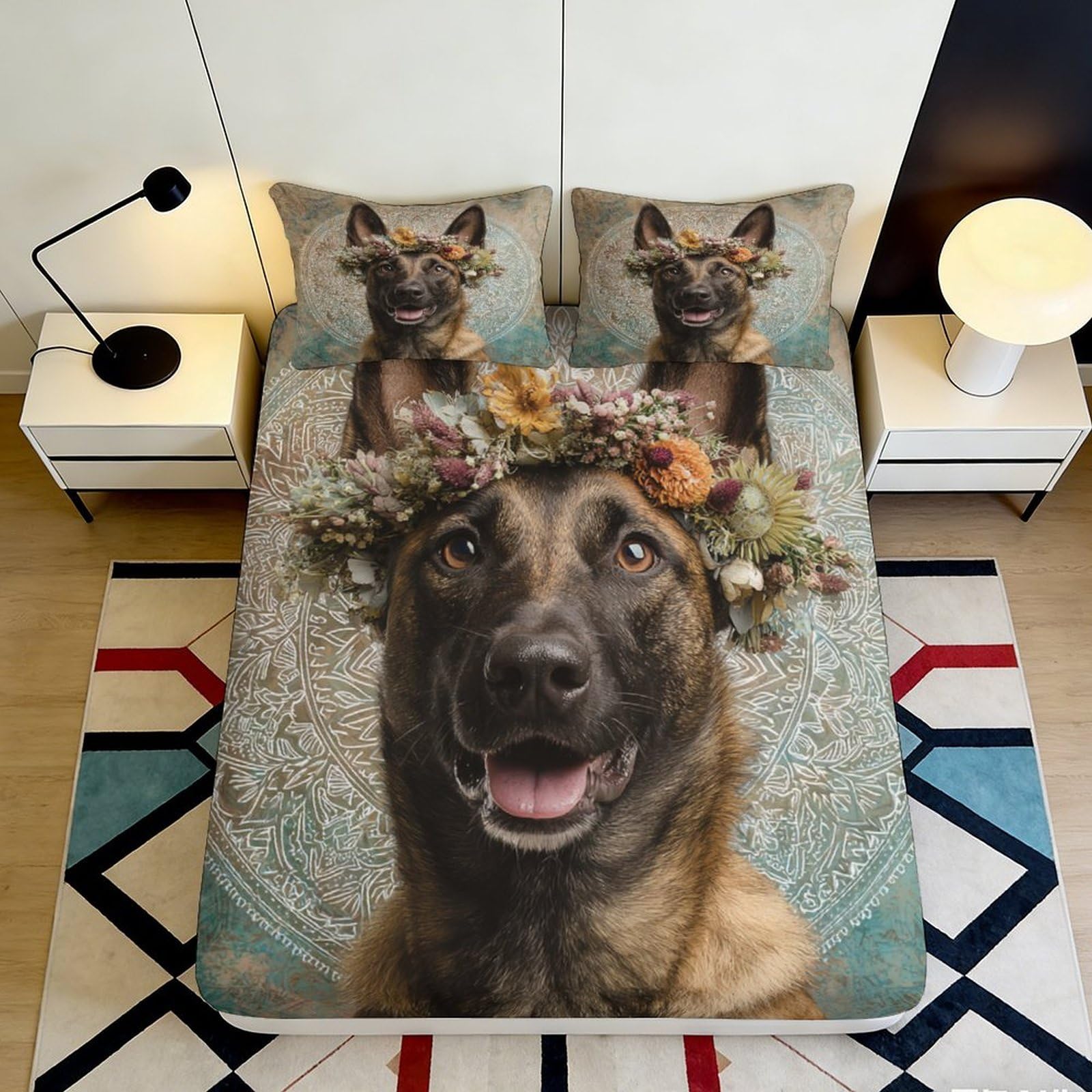 3D Printed German Shepherd Floral Fitted Sheet Microfiber Non-Slip Deep Pocket Dog Mattress Fitted Cover Bedroom Washable 200x200x25cm