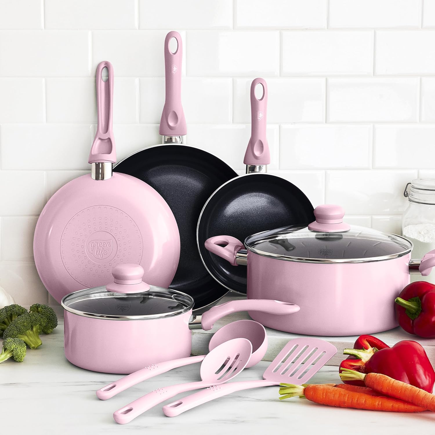 GreenLife Essentials 10 Piece Cookware Set, Healthy Ceramic Nonstick Pots, Frying & Sauce Pans, PFAS & PFOA Free, Dishwasher Safe, Even Heating, Versatile Kitchen Essentials, Light Pink