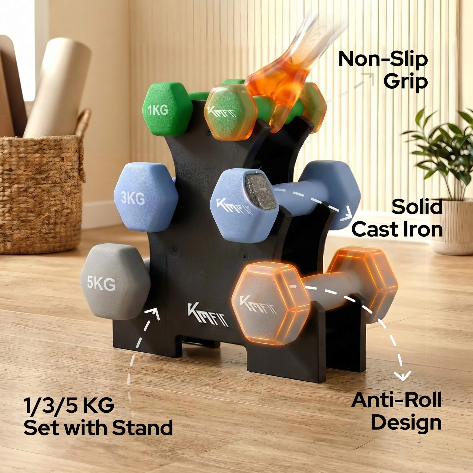 KM-Fit zestaw hantli 18 kg ze stojakiem | hantle neoprenowe 1-5 kg | żeliwo, ergonomiczny uchwyt, odporne na toczenie | fitness i trening siłowy do domowej siłowni