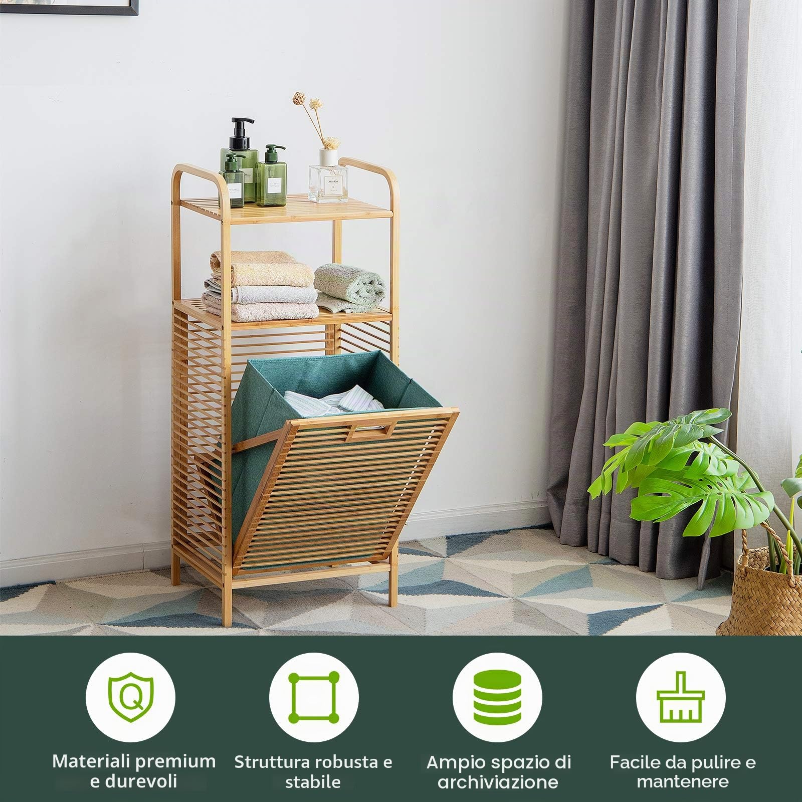 GIANTEX Cesto Portabiancheria a Ripiani in Bambù Salvaspazio | Mobile Portabiancheria con Mensola per Bagno, 40,5x33x95,5cm, Naturale