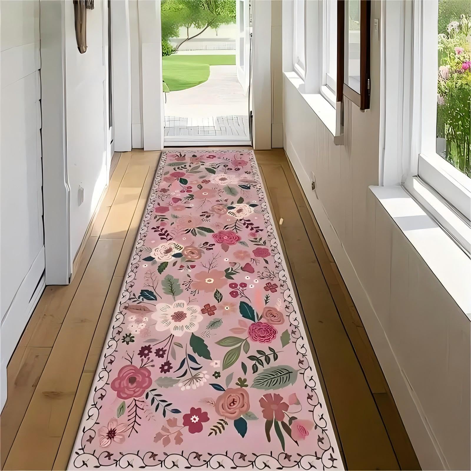Kuluoits Floral Hallway Runner Rug,60x120cm, Cute Tropical Plant Girl Bedroom Pink Runner Floor Mat, Non-Slip Non-Linting Easy to Clean Kitchen Hallway Carpet for Living Room Bedroom Office Doorway