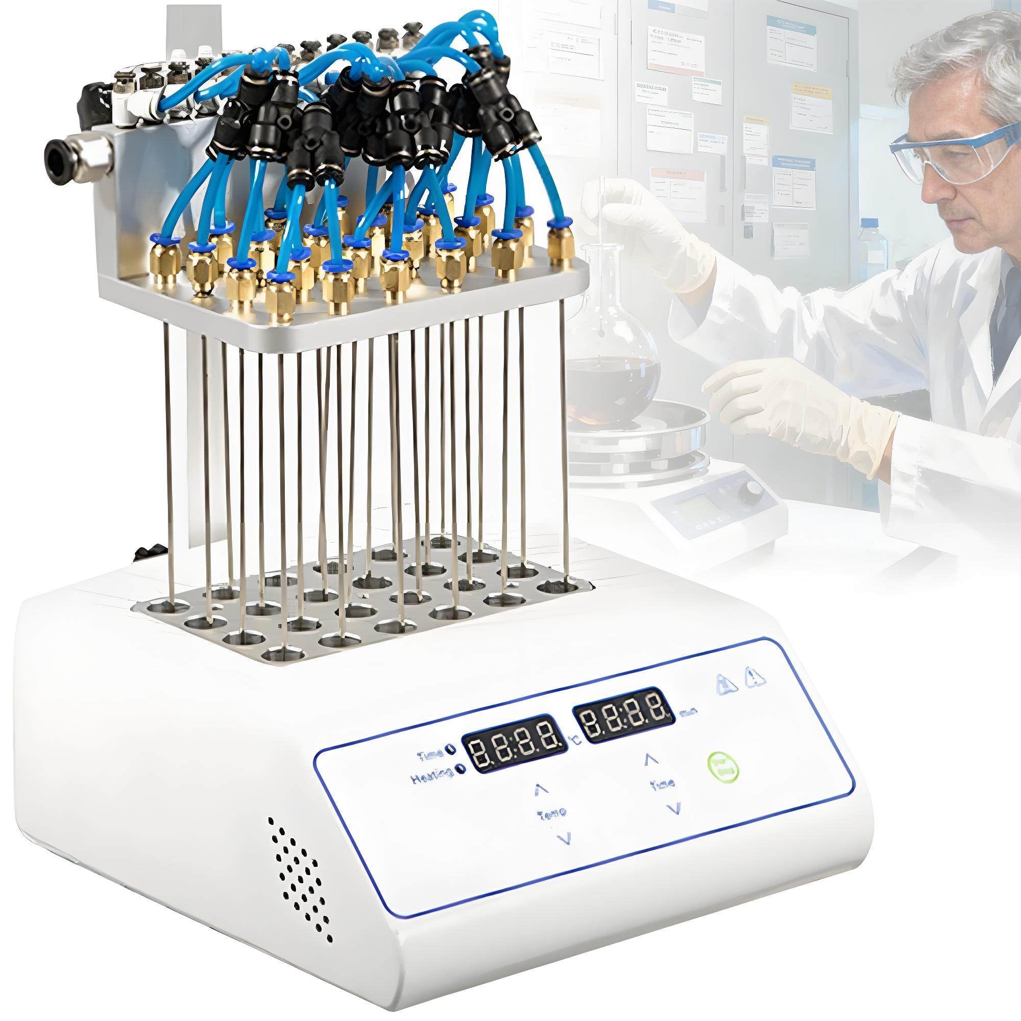 Wyparka do próbek laboratoryjnych, koncentrator do przedmuchiwania azotem, regulowana wysokość, miedziane szybkozłącze i regulacja czasu i temperatury do laboratorium 24modules
